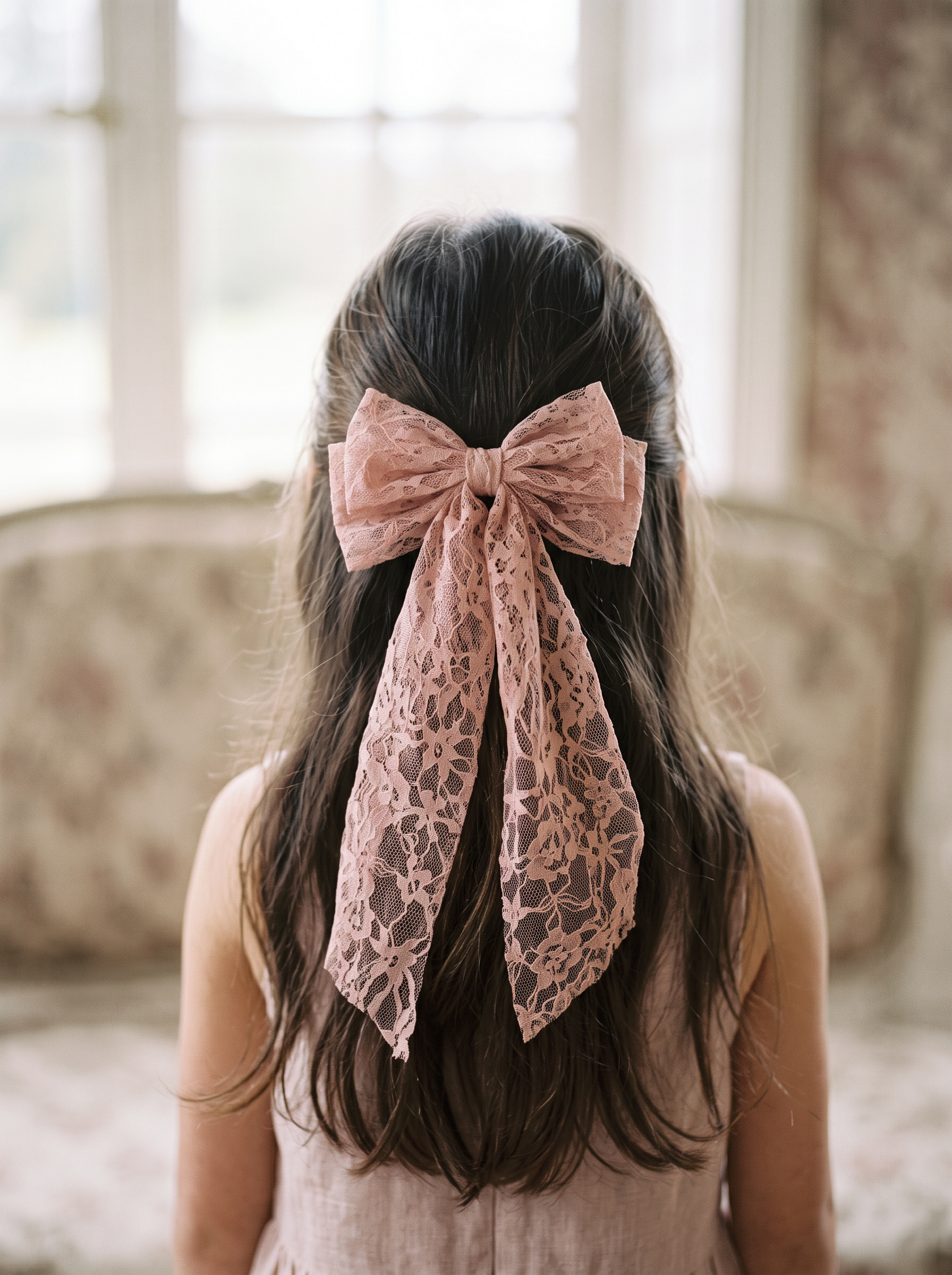 Rose Lace Sash Bow — worn in a child's hair