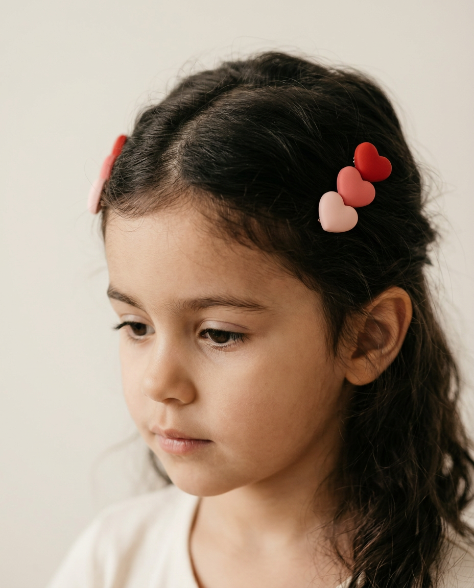 Rosy Heart Clay Clip Set — worn in a child's hair