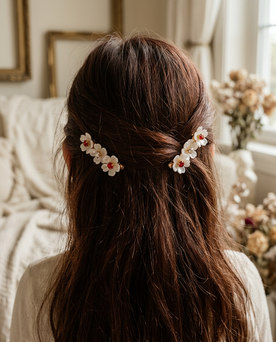 Ruby Pearl Blossom Clip Set — worn in a child's hair