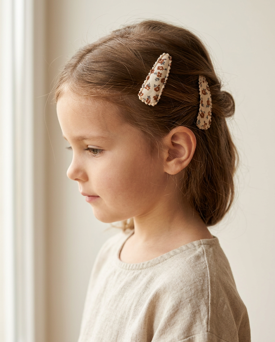 Rust Rose Snap Clip Set — worn in a child's hair