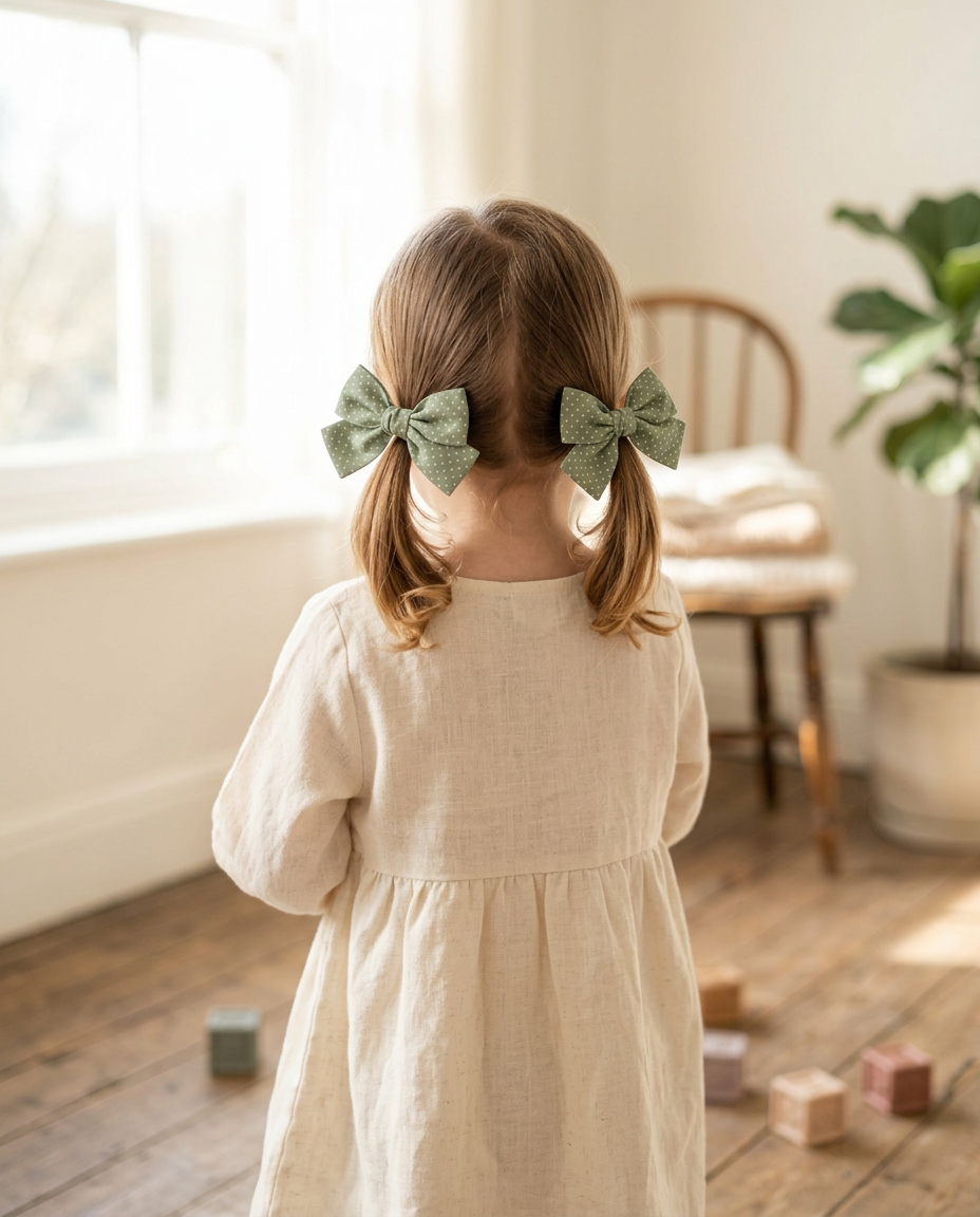 Sage Dot Cotton Bow Set — worn in a child's hair
