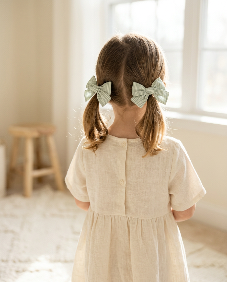 Sage Gingham Bow Set — worn in a child's hair