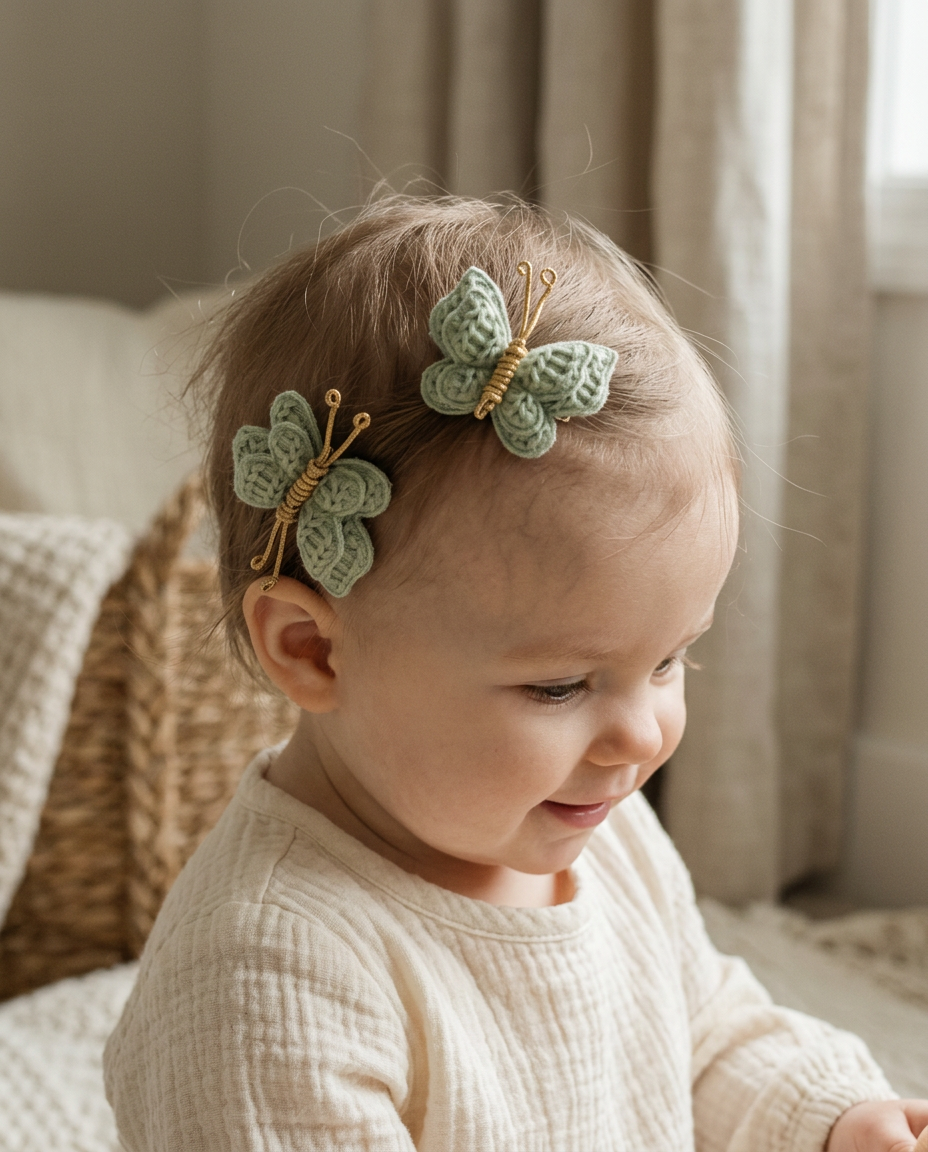 Sage Knit Butterfly Clip Set — worn in a child's hair