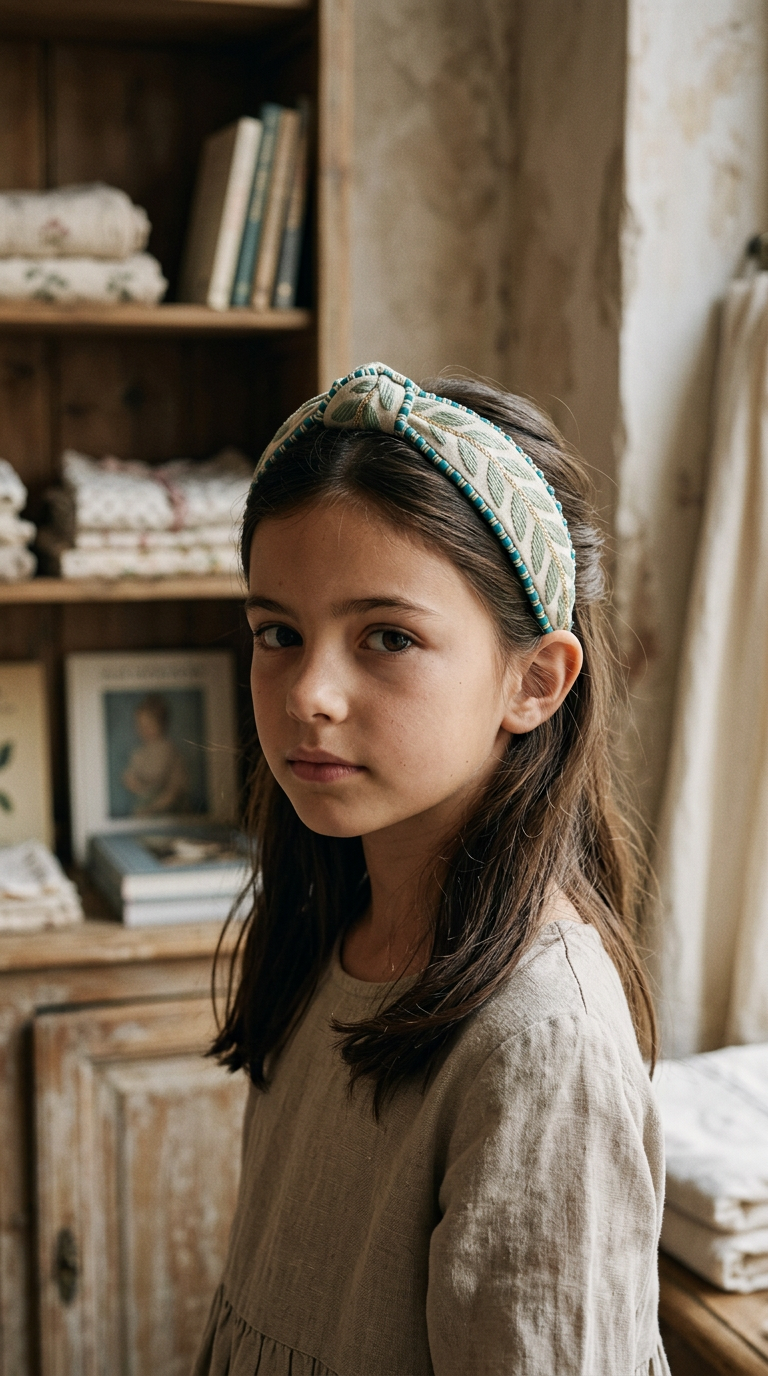 Sage Leaf Beaded Headband — worn in a child's hair