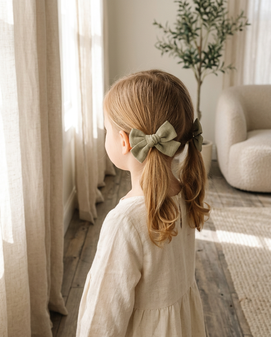 Sage Linen Bow Set — worn in a child's hair