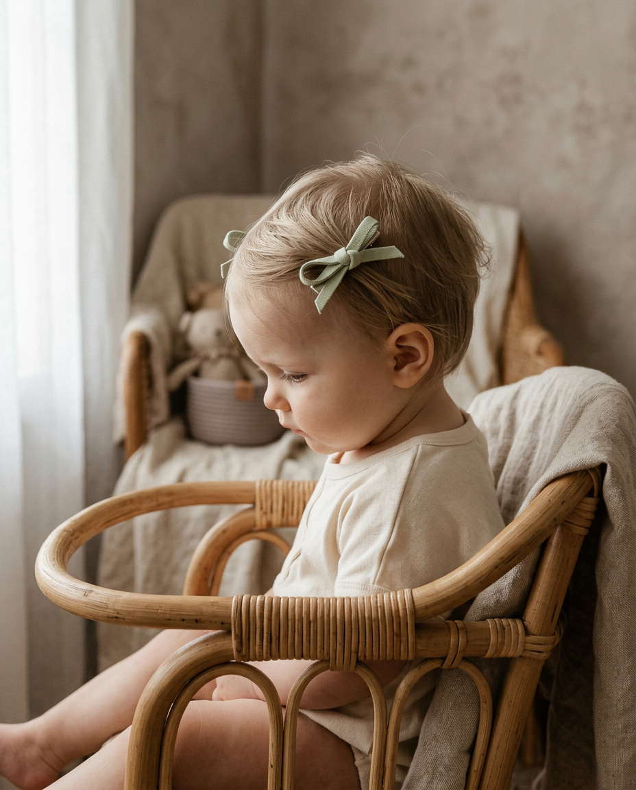 Sage Ribbon Bow Clip Set — worn in a child's hair