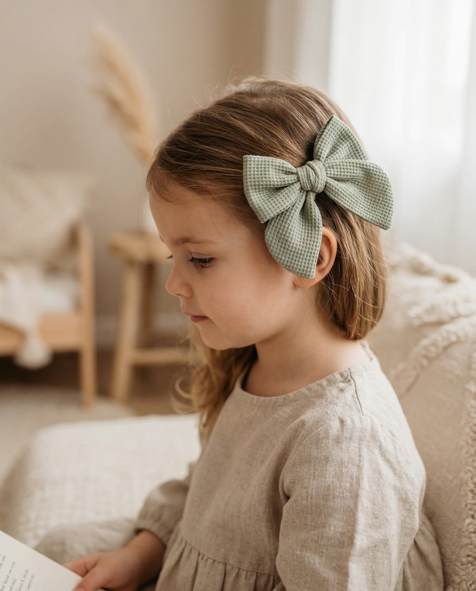 Sage Waffle Knot Bow — worn in a child's hair