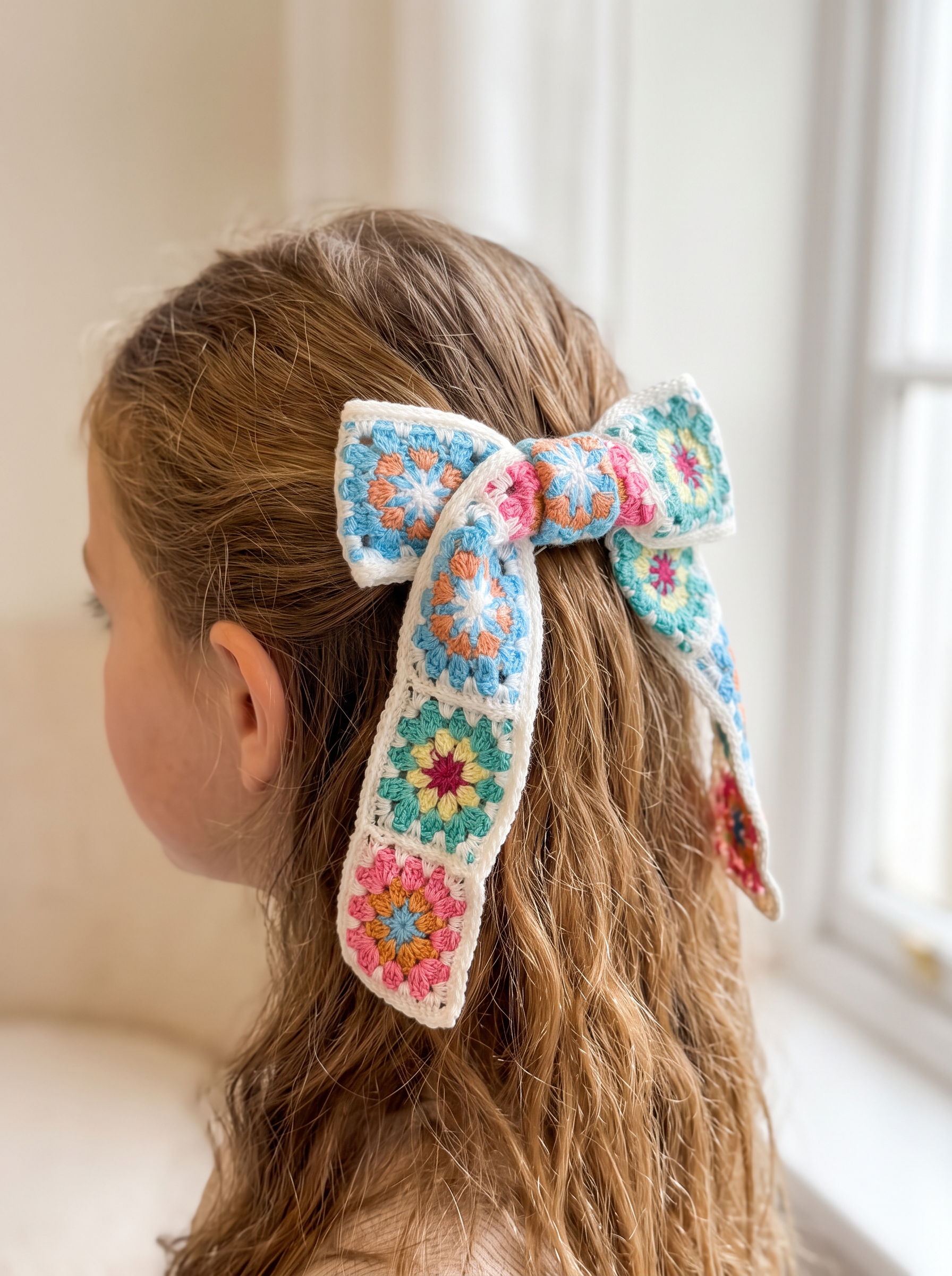 Little girl wearing a long-tailed crochet sailor bow in soft daylight