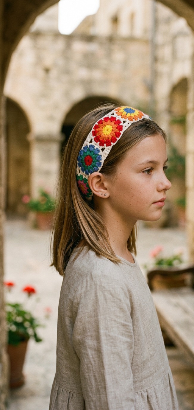 Sunburst Granny Square Crochet Headband — worn in a child's hair