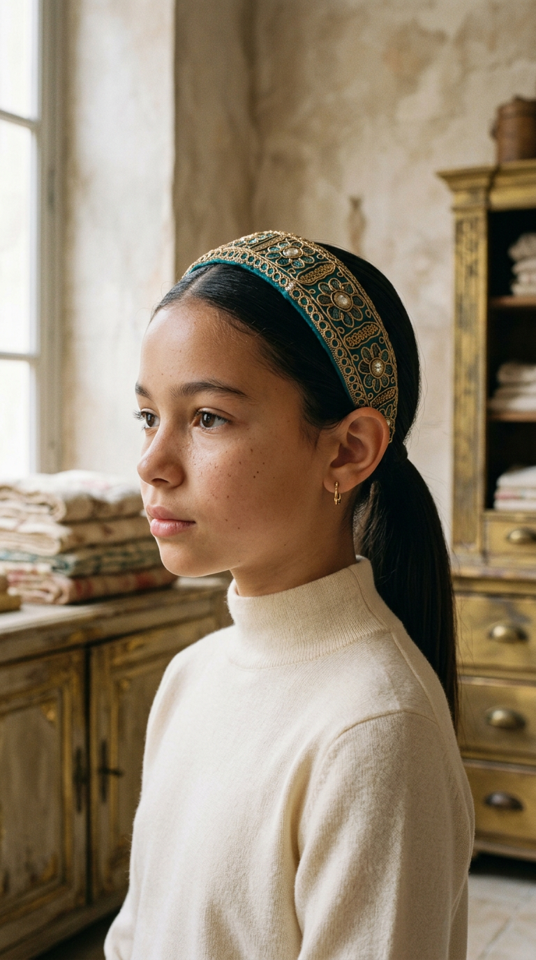 Teal & Gold Embroidered Headband — worn in a child's hair