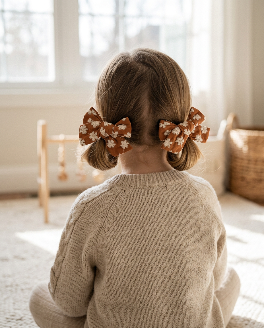 Terracotta Daisy Embroidered Bow Set — worn in a child's hair