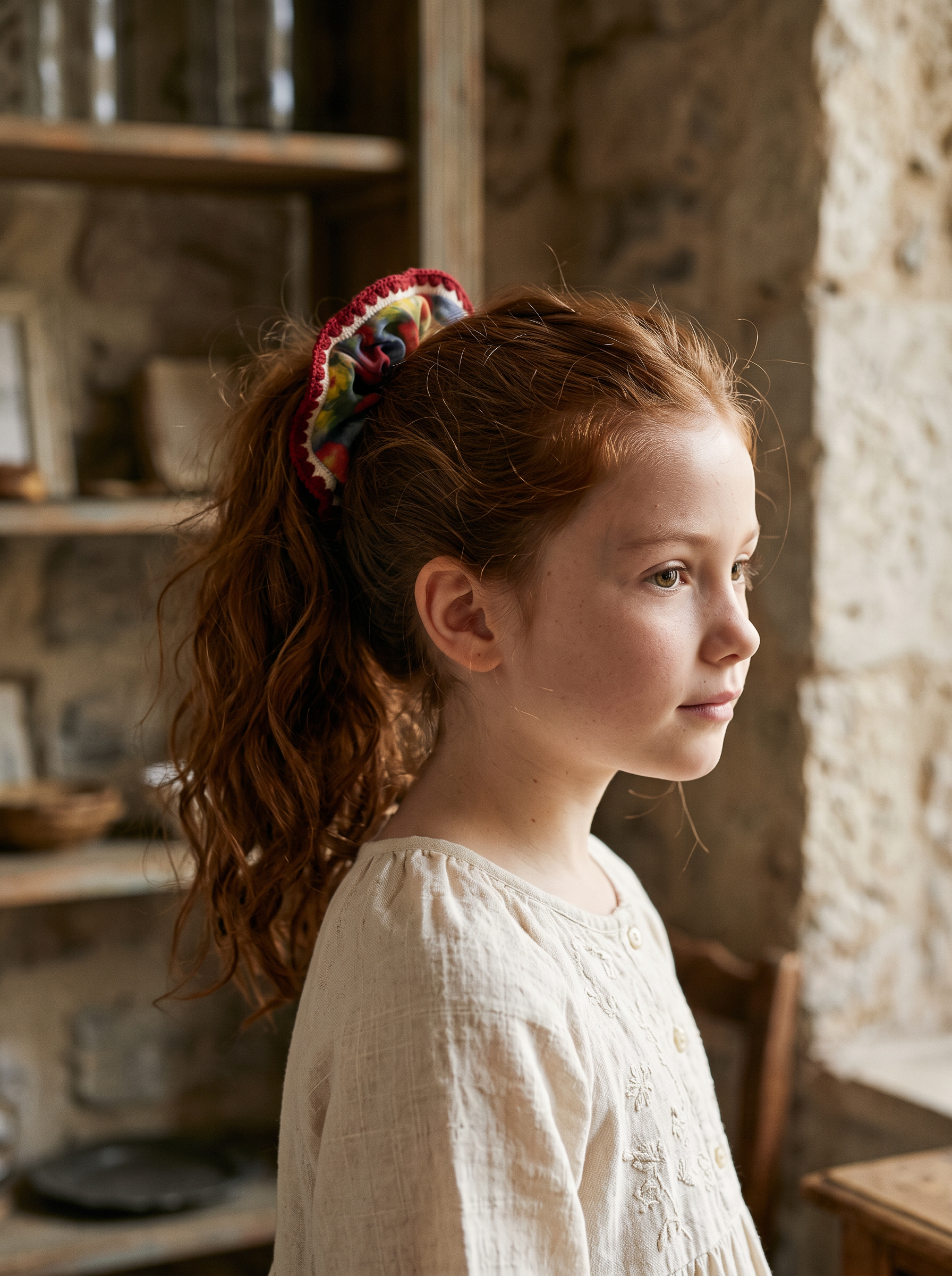 Watercolour Crochet Trim Scrunchie — worn in a child's hair