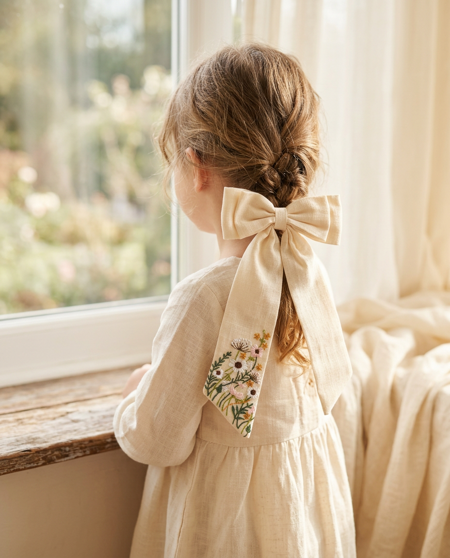 Wildflower Embroidered Sash Bow — worn in a child's hair