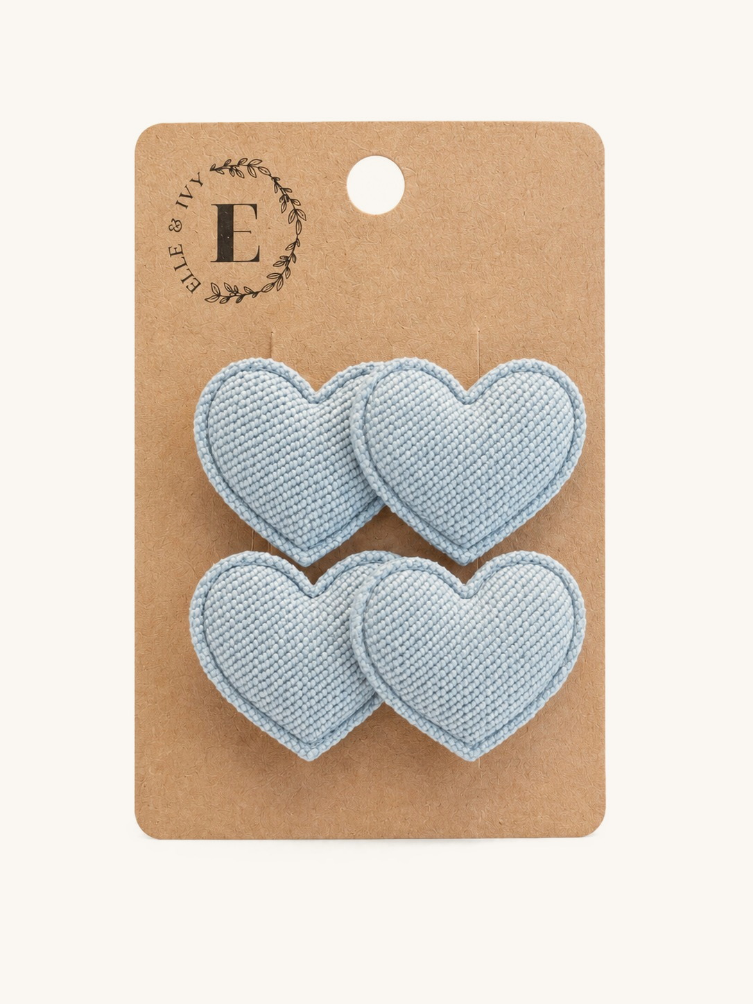 Blue Linen Heart Clip Set — on the Elle & Ivy packaging card