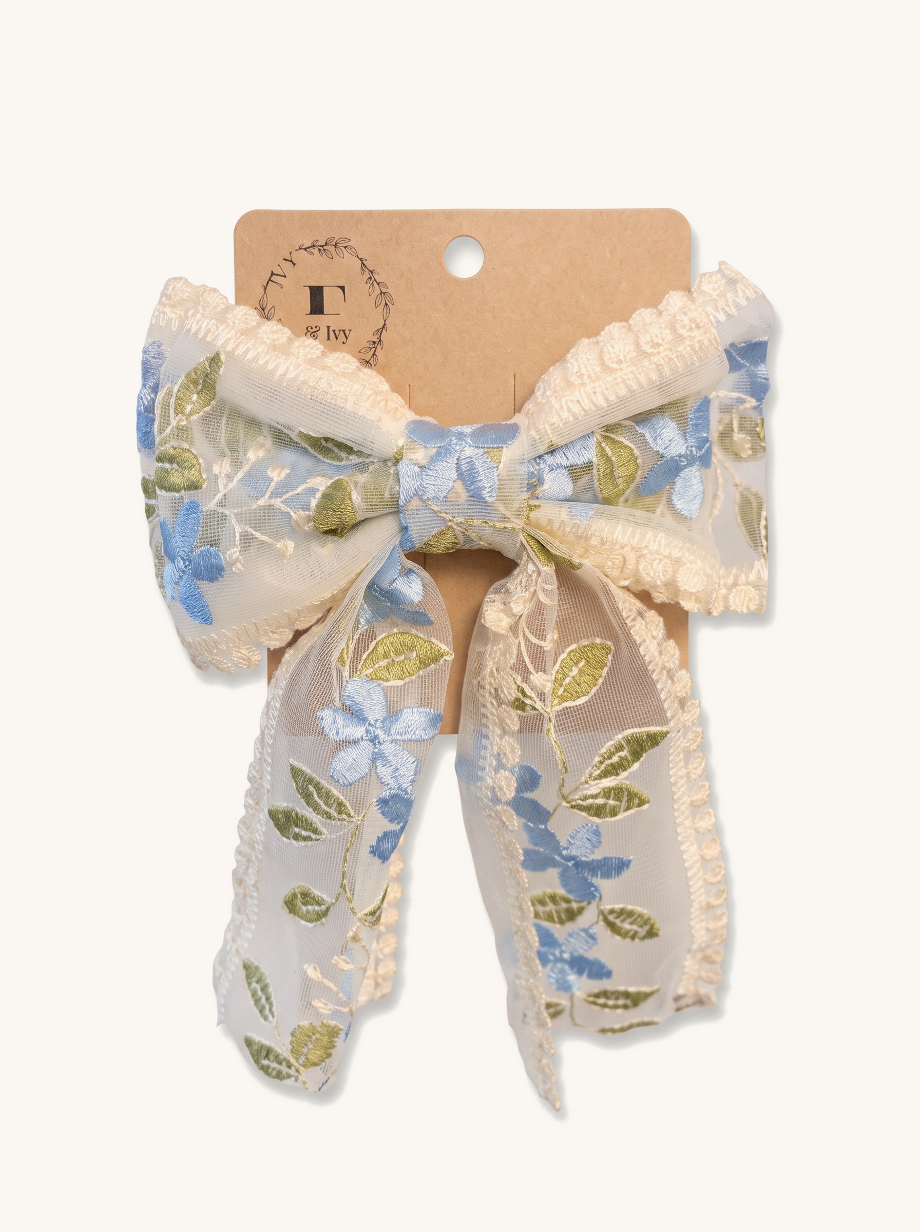 Bluebell Embroidered Organza Bow — on the Elle & Ivy packaging card