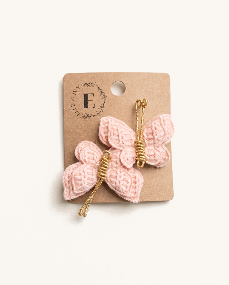 Blush Knit Butterfly Clip Set — on the Elle & Ivy packaging card