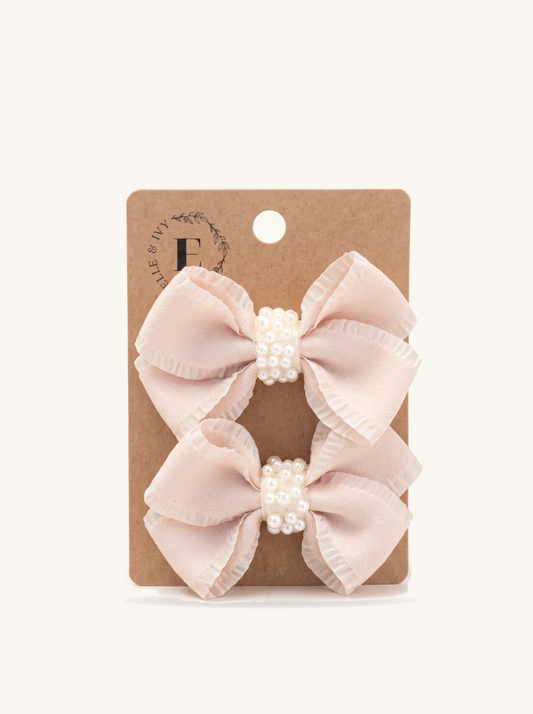 Blush Pearl Chiffon Bow Set — on the Elle & Ivy packaging card