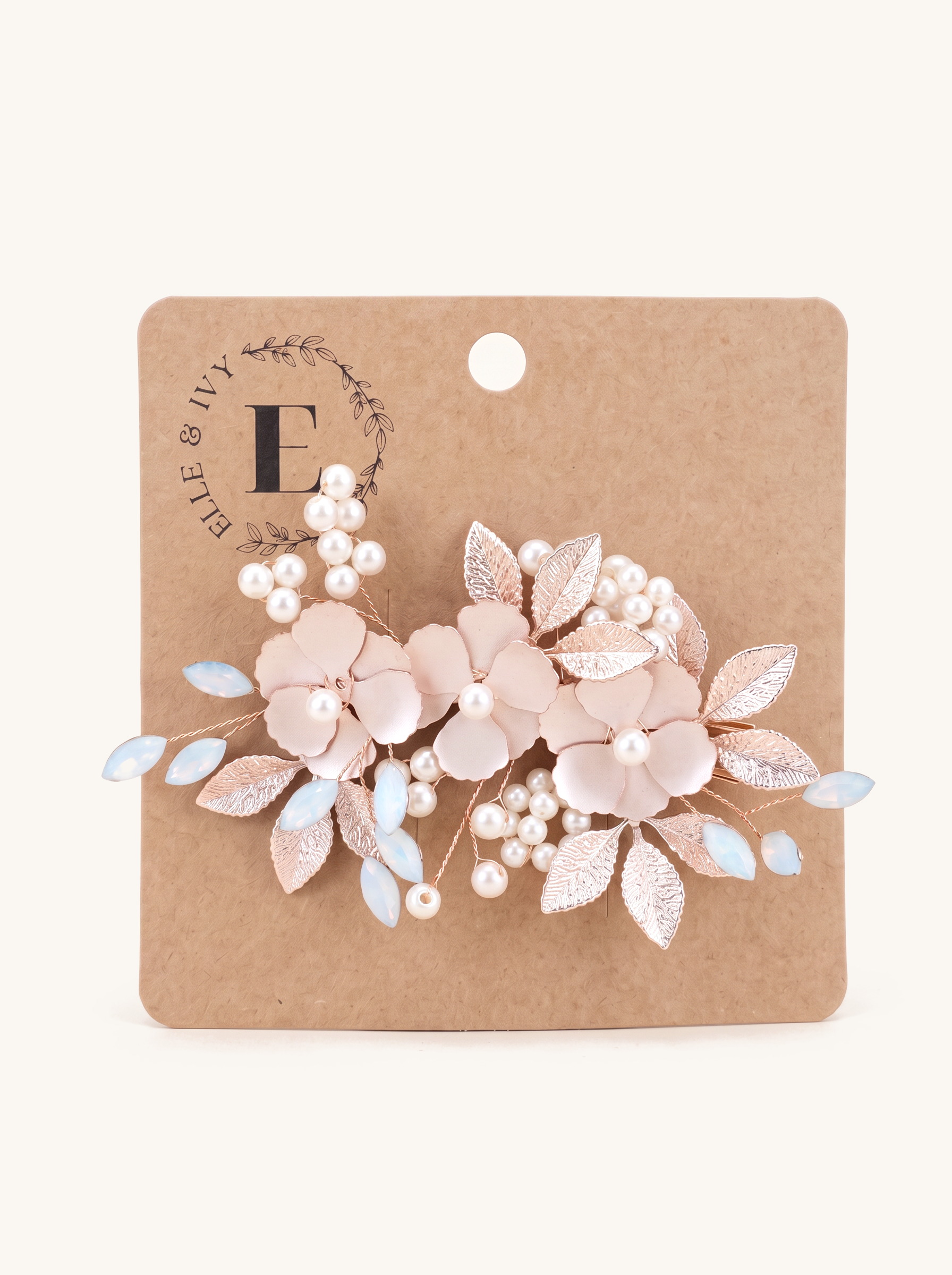 Blush Petal & Pearl Leaf Clip — on the Elle & Ivy packaging card