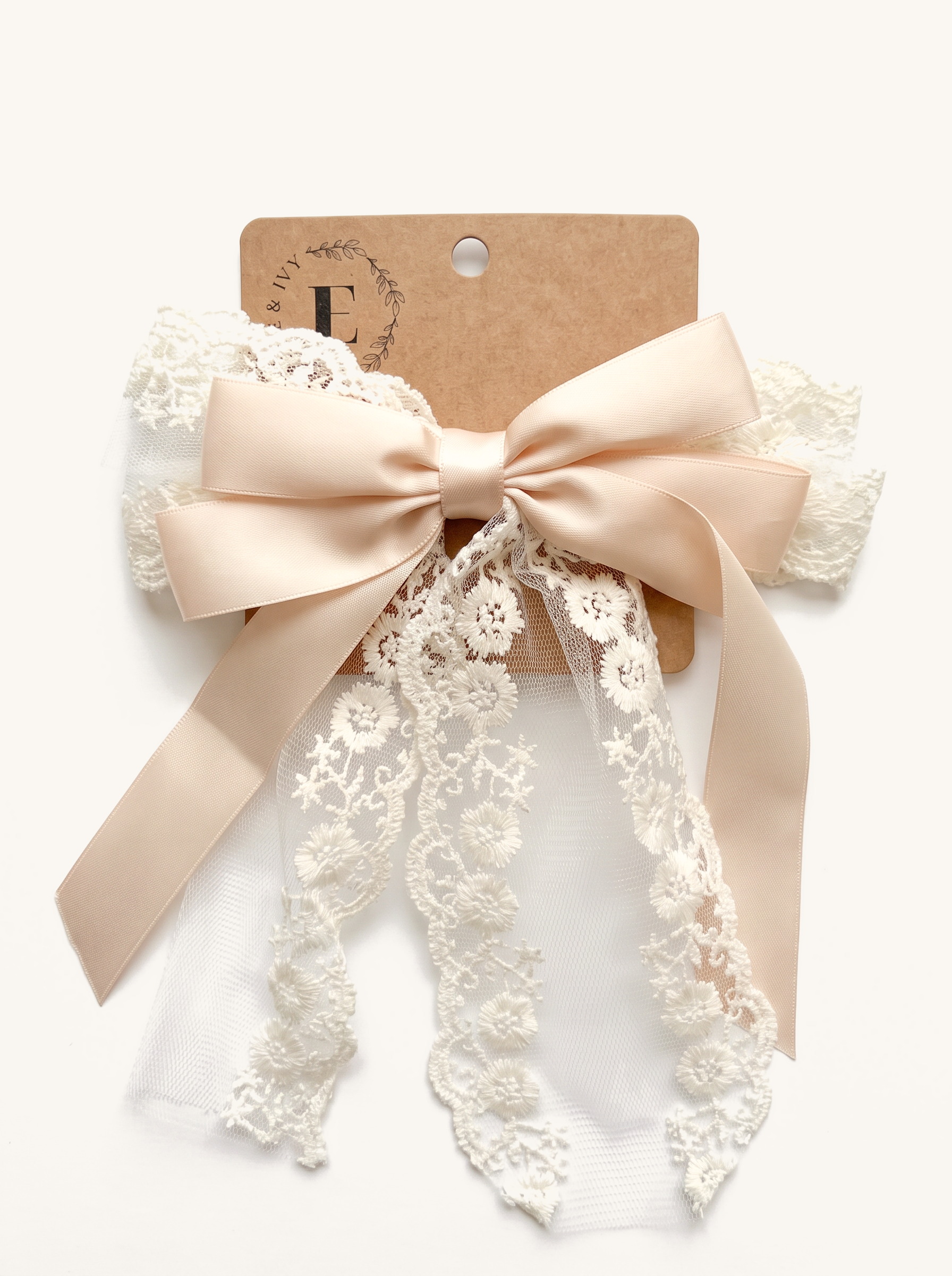 Blush Satin & Lace Layered Bow — on the Elle & Ivy packaging card