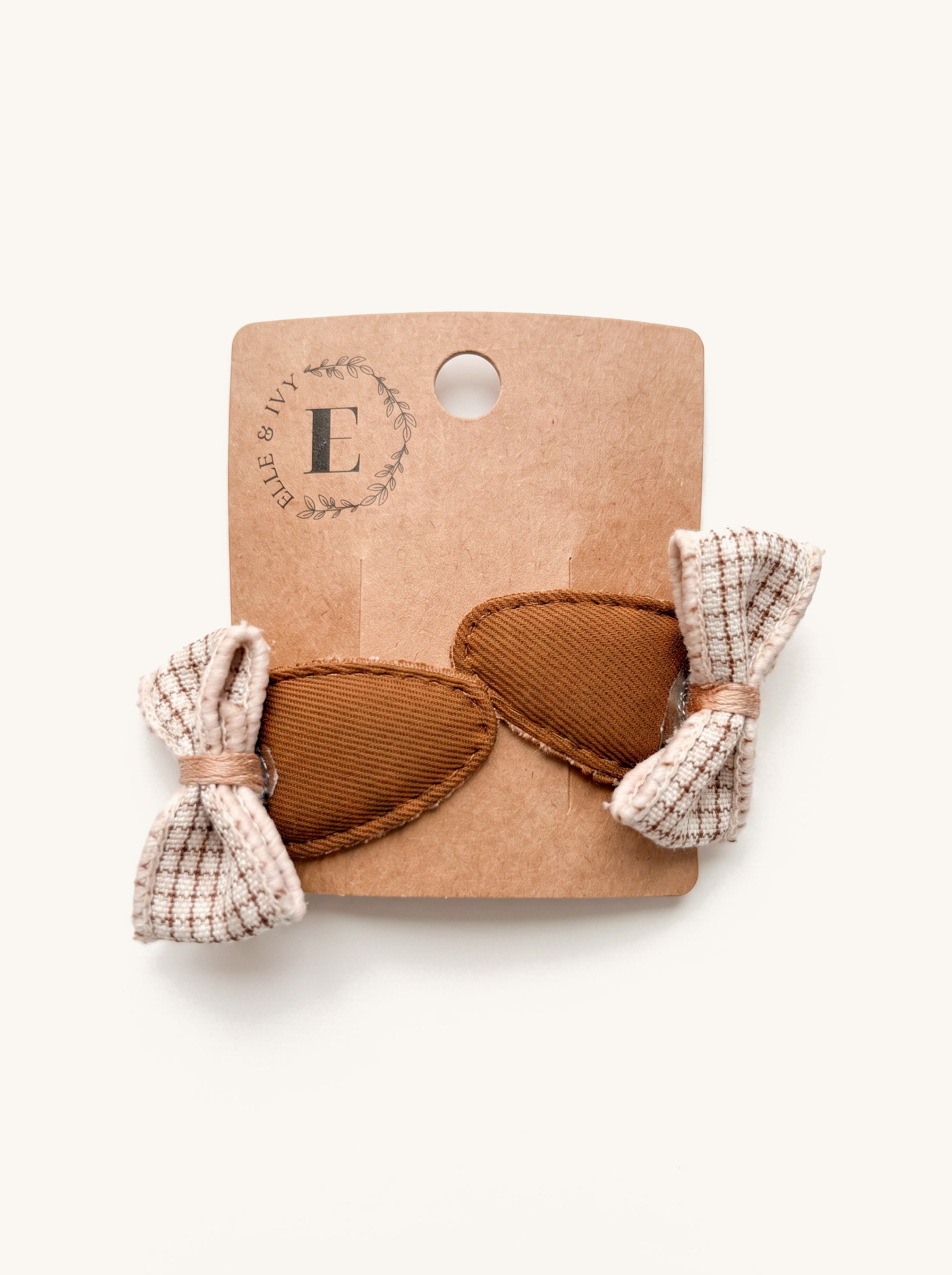 Caramel Windowpane Bow Clip Set — on the Elle & Ivy packaging card