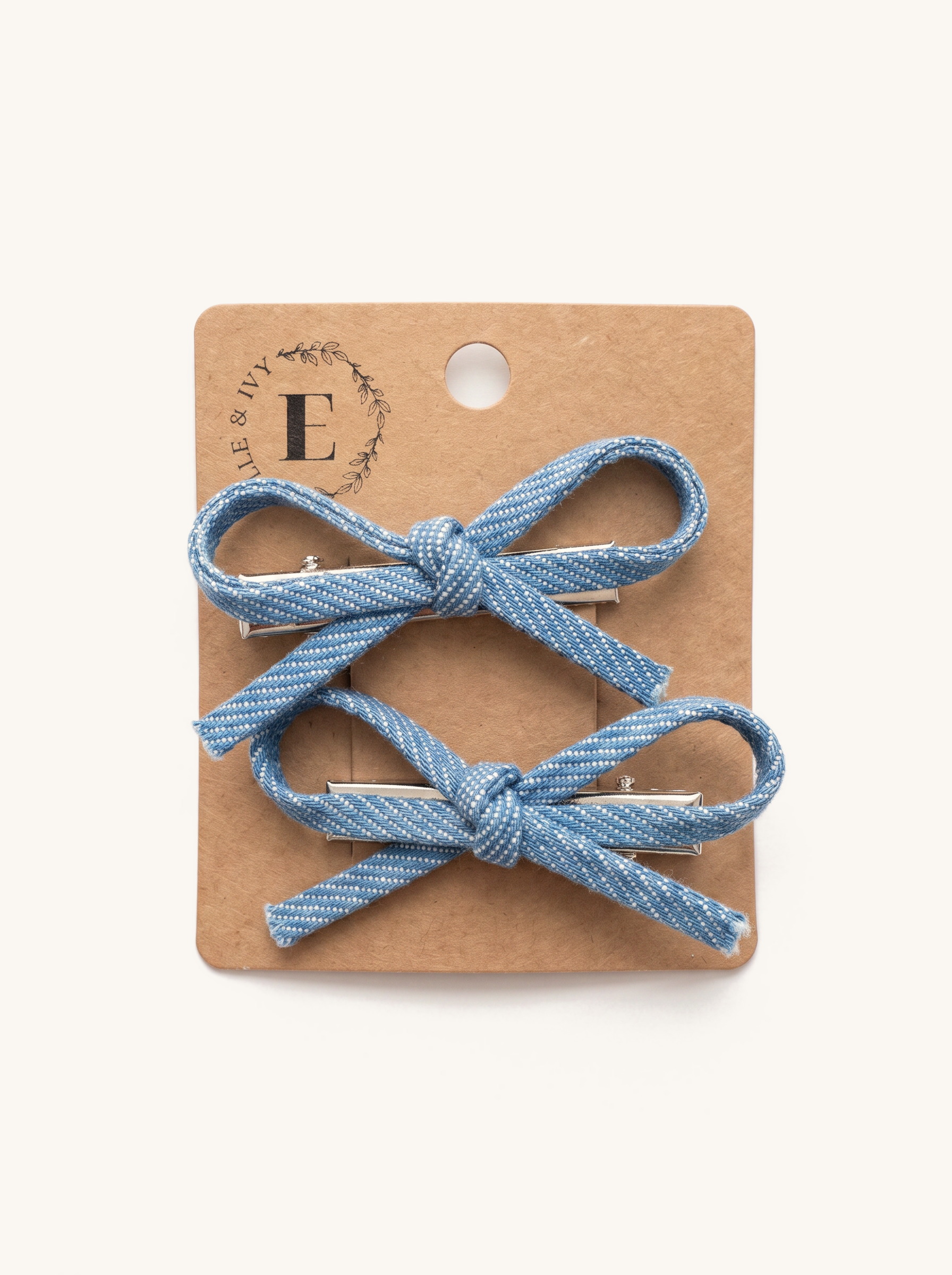 Chambray Ribbon Bow Clips — on the Elle & Ivy packaging card