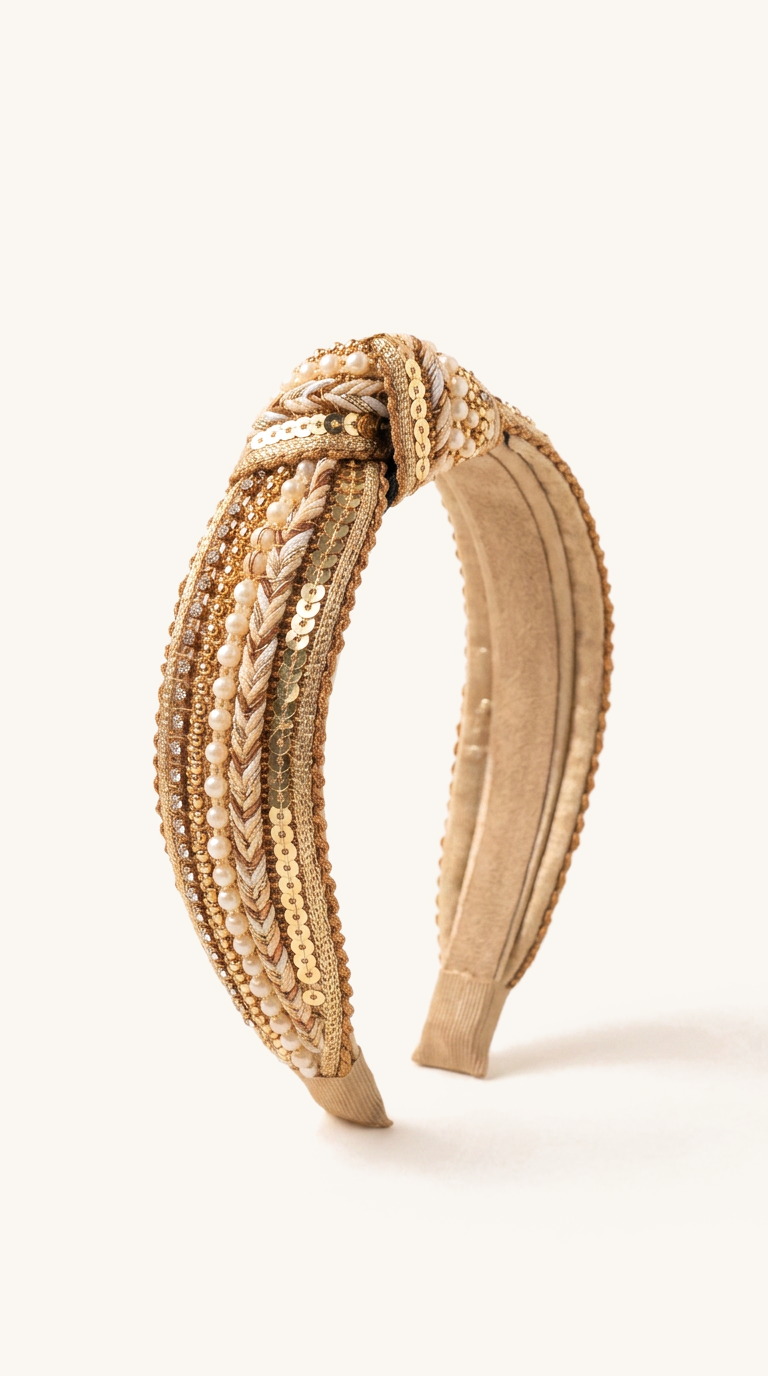 Champagne Gold Beaded Knot Headband — on the Elle & Ivy packaging card