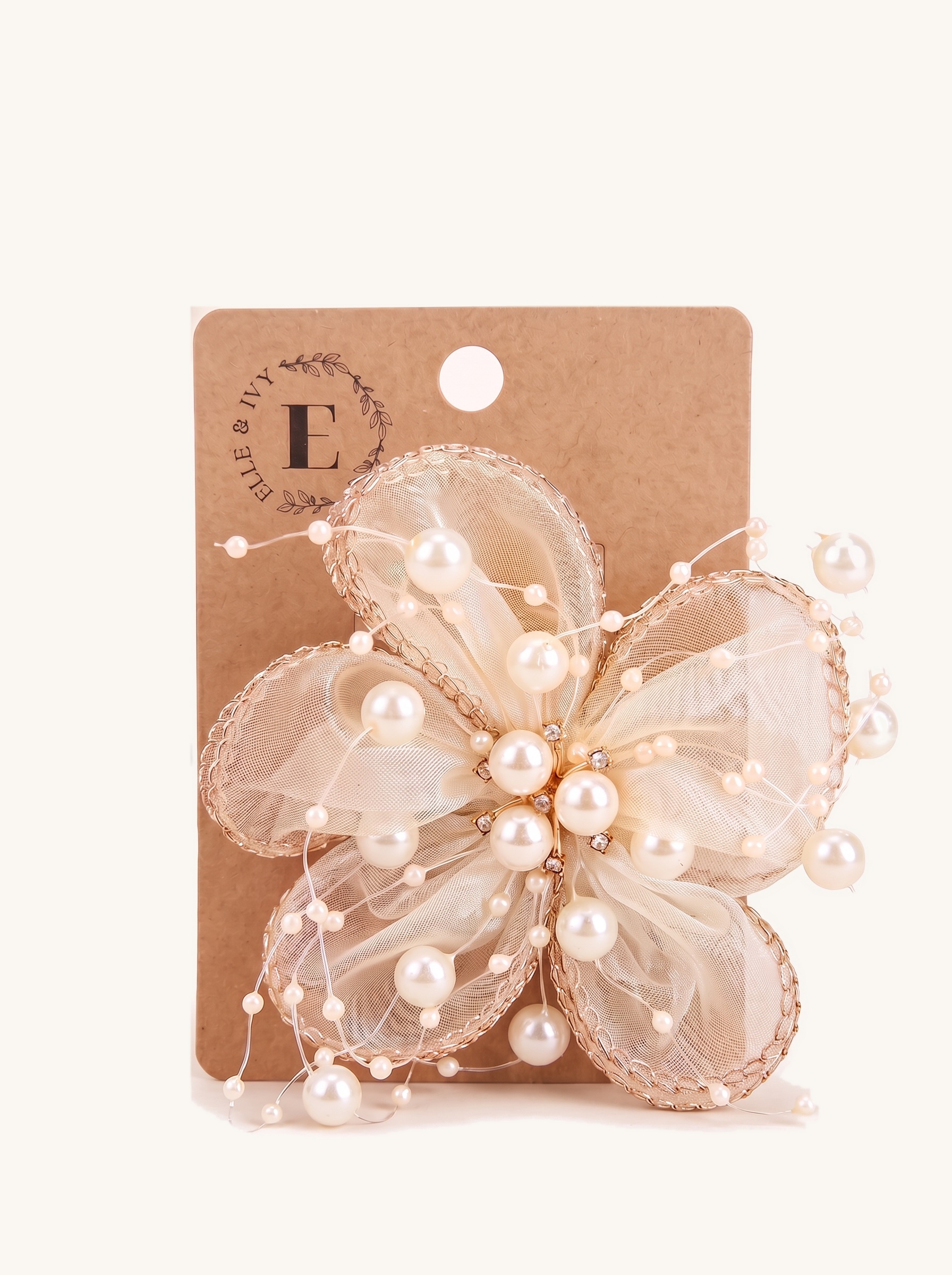 Champagne Pearl Petal Clip — on the Elle & Ivy packaging card