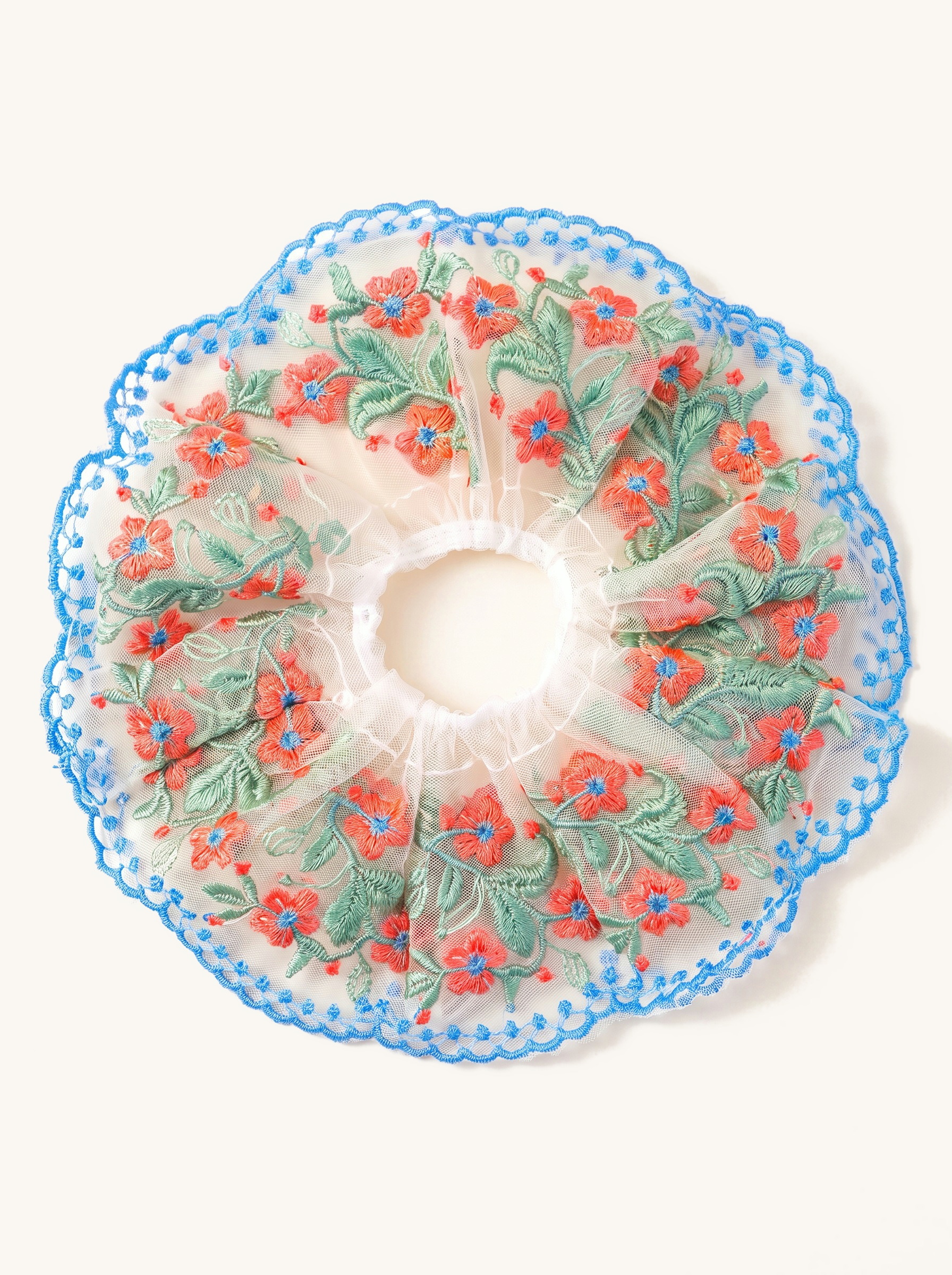 Coral Bloom Embroidered Scrunchie — on the Elle & Ivy packaging card