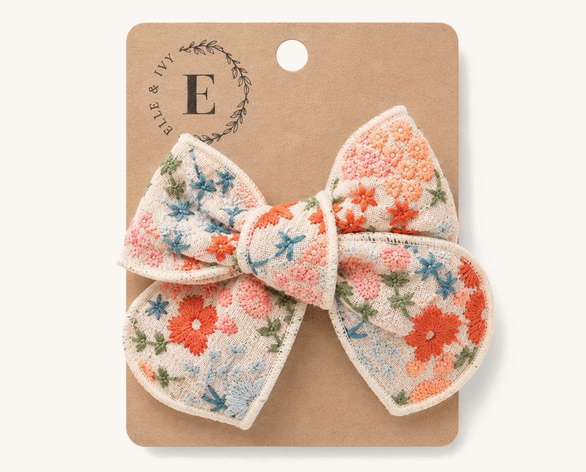 Coral Embroidered Garden Bow — on the Elle & Ivy packaging card