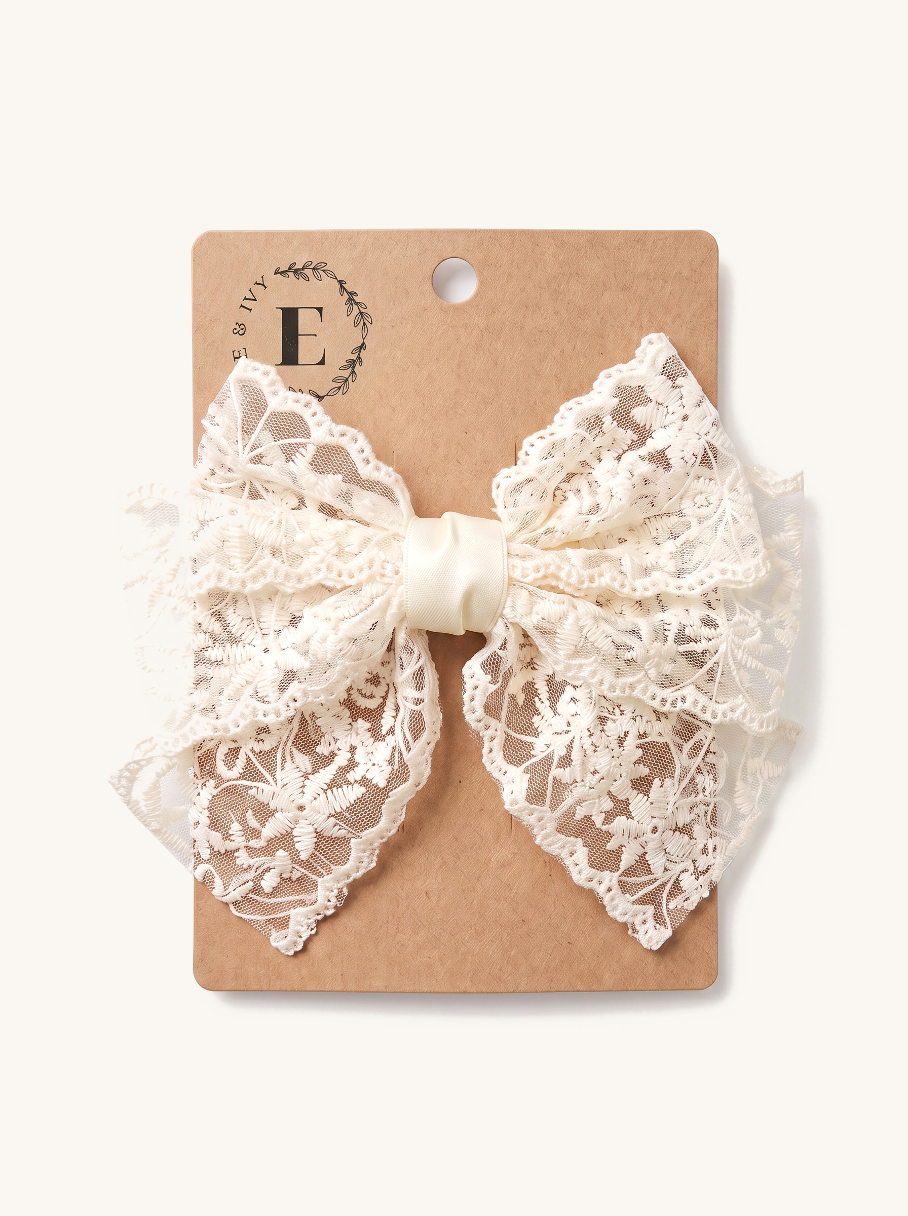 Cream Lace Ruffle Bow — on the Elle & Ivy packaging card