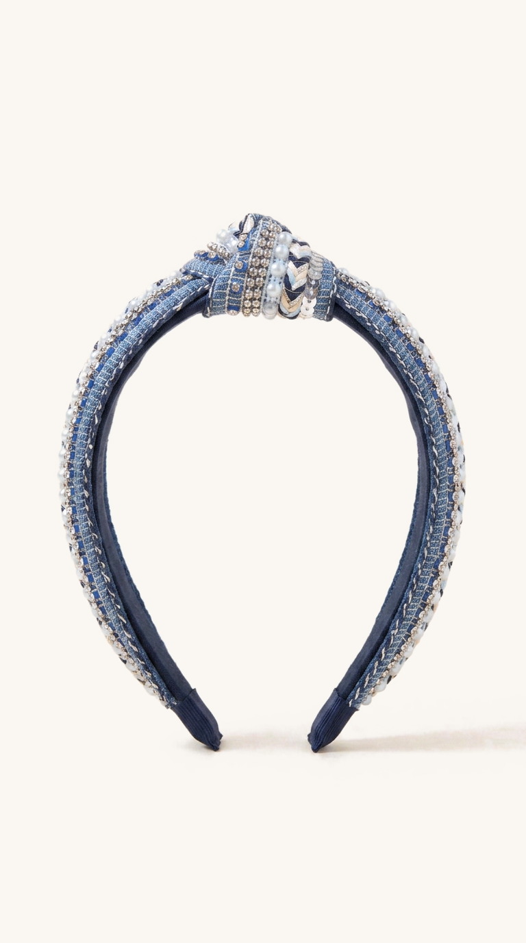 Denim Pearl Beaded Knot Headband — on the Elle & Ivy packaging card