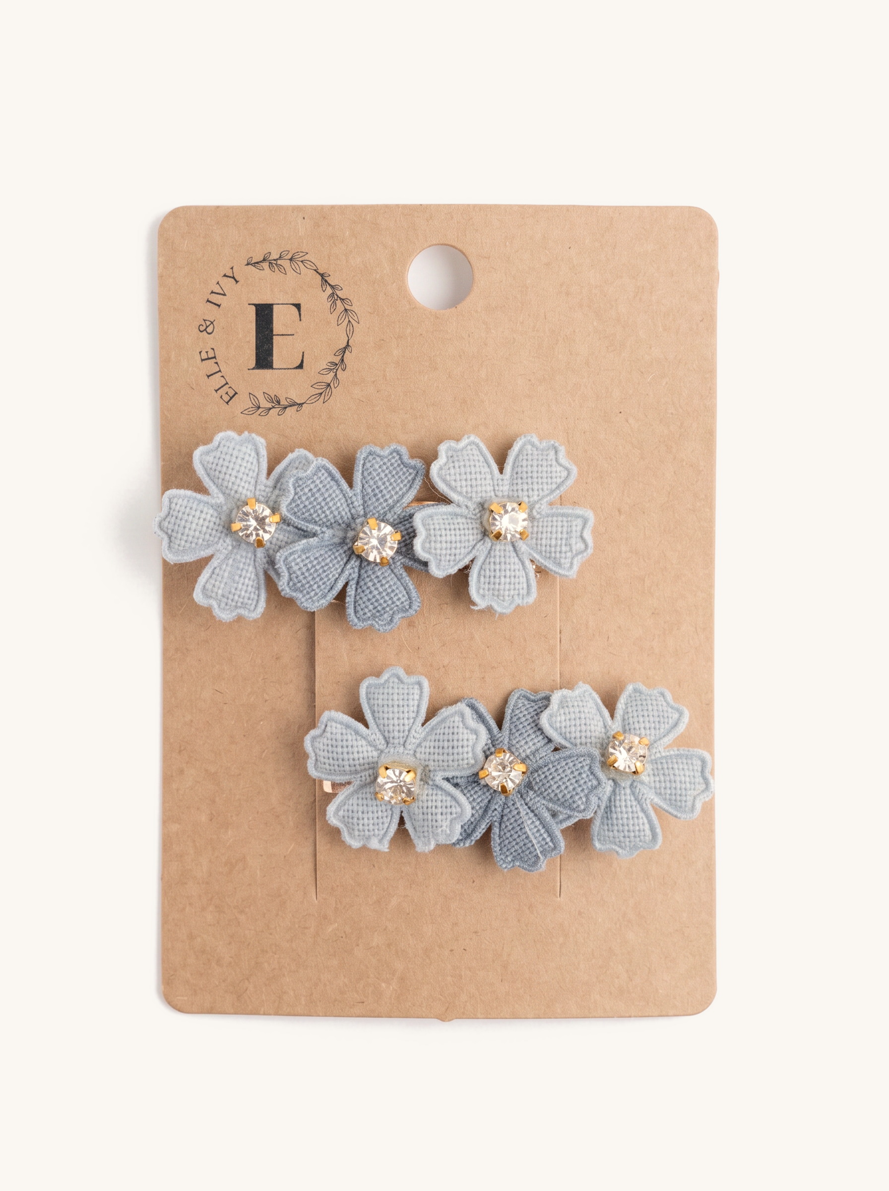 Dusty Blue Blossom Clip Set — on the Elle & Ivy packaging card