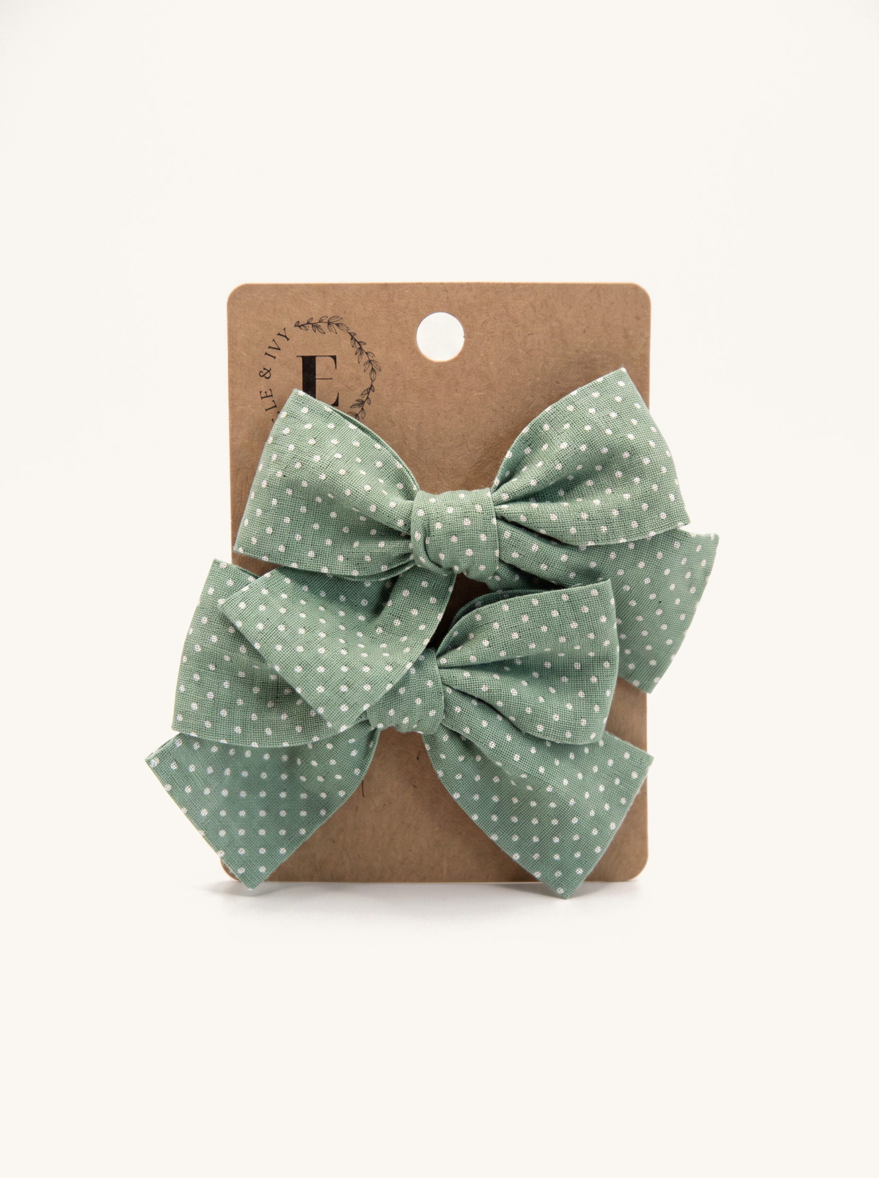 Eucalyptus Dot Bow Set — on the Elle & Ivy packaging card
