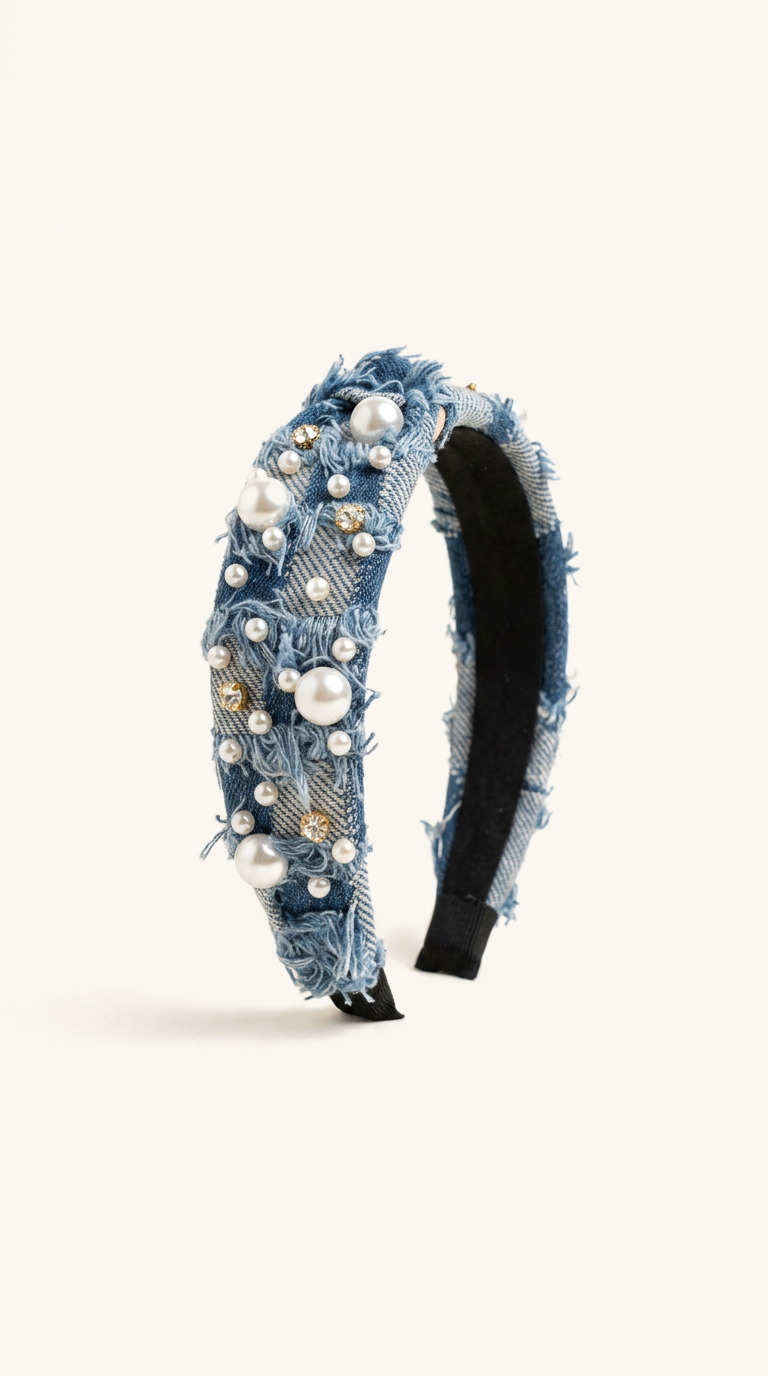 Frayed Denim Pearl Headband — on the Elle & Ivy packaging card