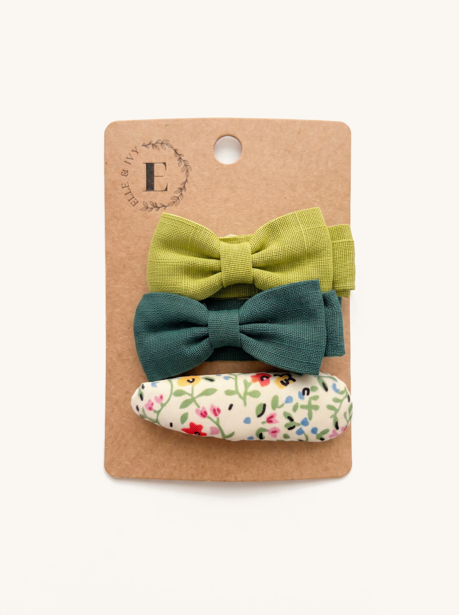 Garden Green Bow & Clip Set — on the Elle & Ivy packaging card