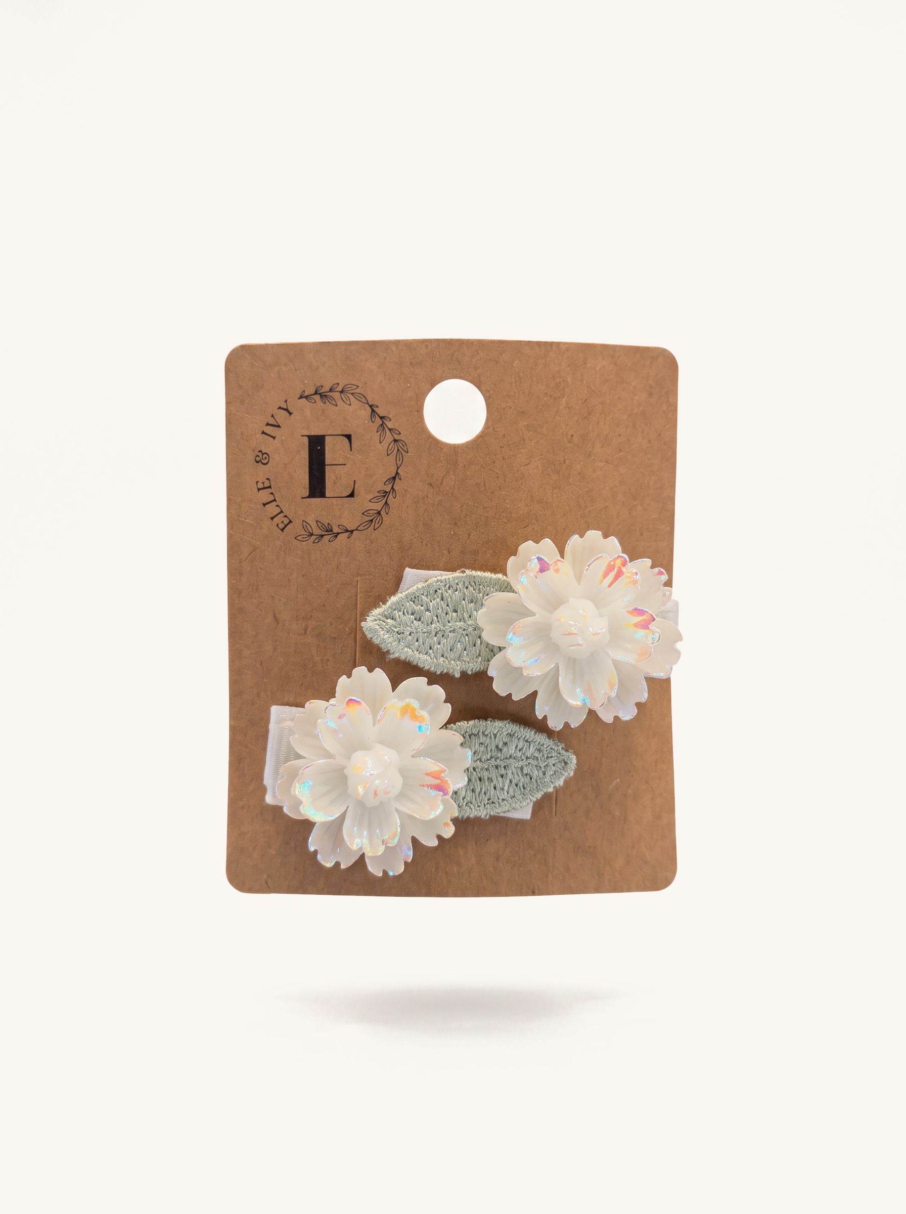 Iridescent Daisy & Leaf Clip Set — on the Elle & Ivy packaging card