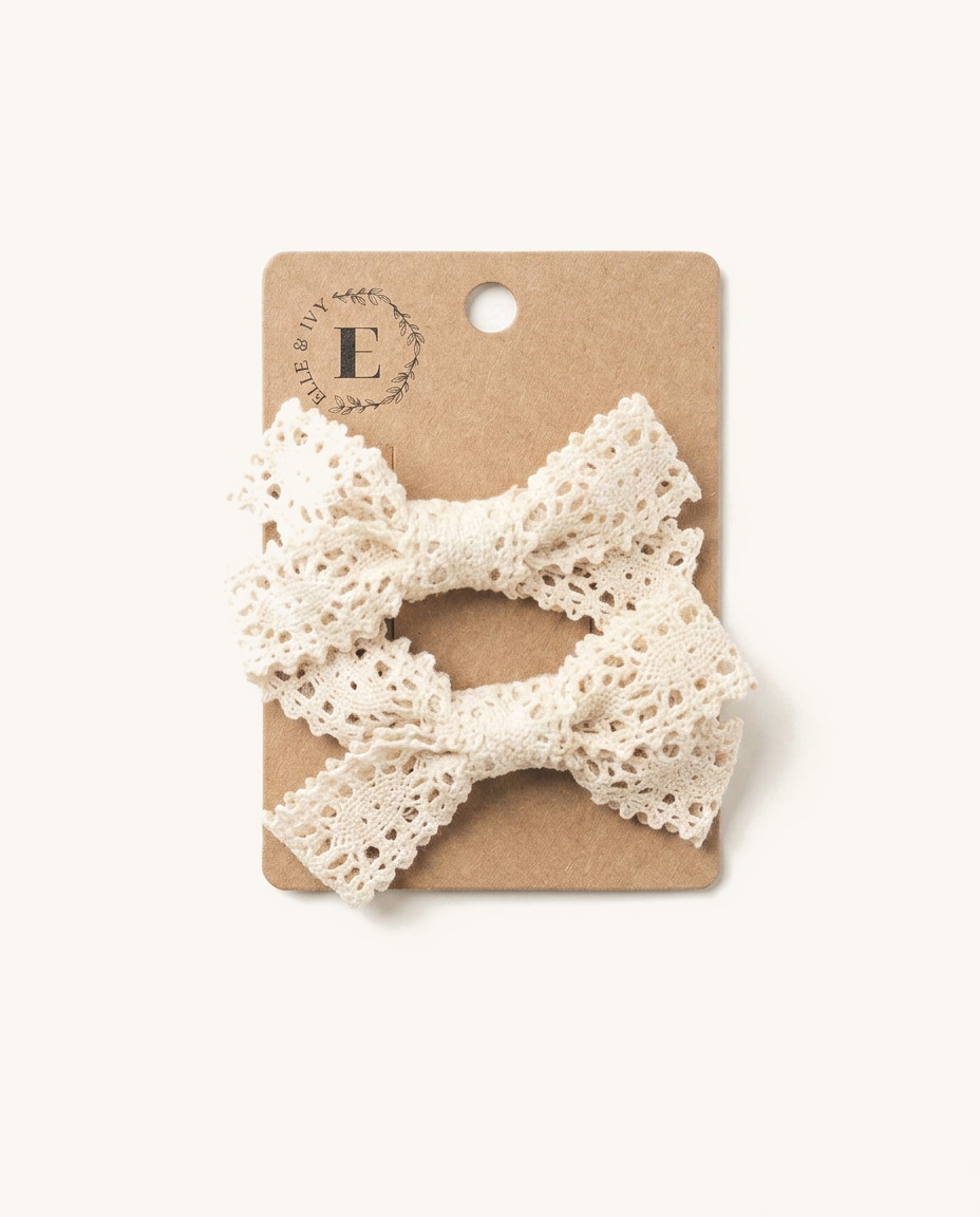 Ivory Crochet Lace Bow Set — on the Elle & Ivy packaging card