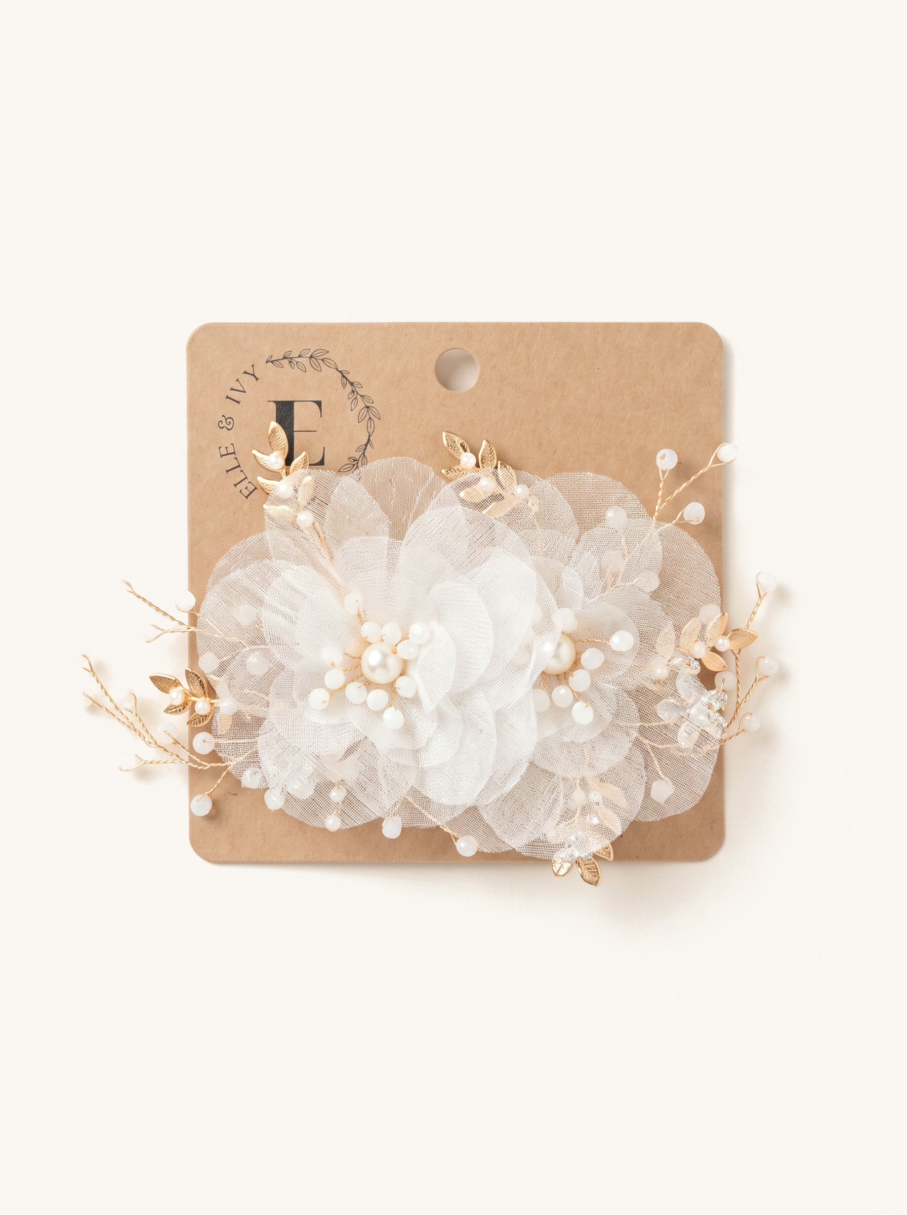 Ivory Organza Bloom Clip — on the Elle & Ivy packaging card