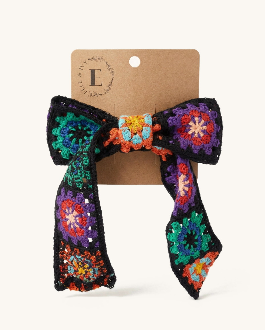Midnight Garden Crochet Bow — on the Elle & Ivy packaging card