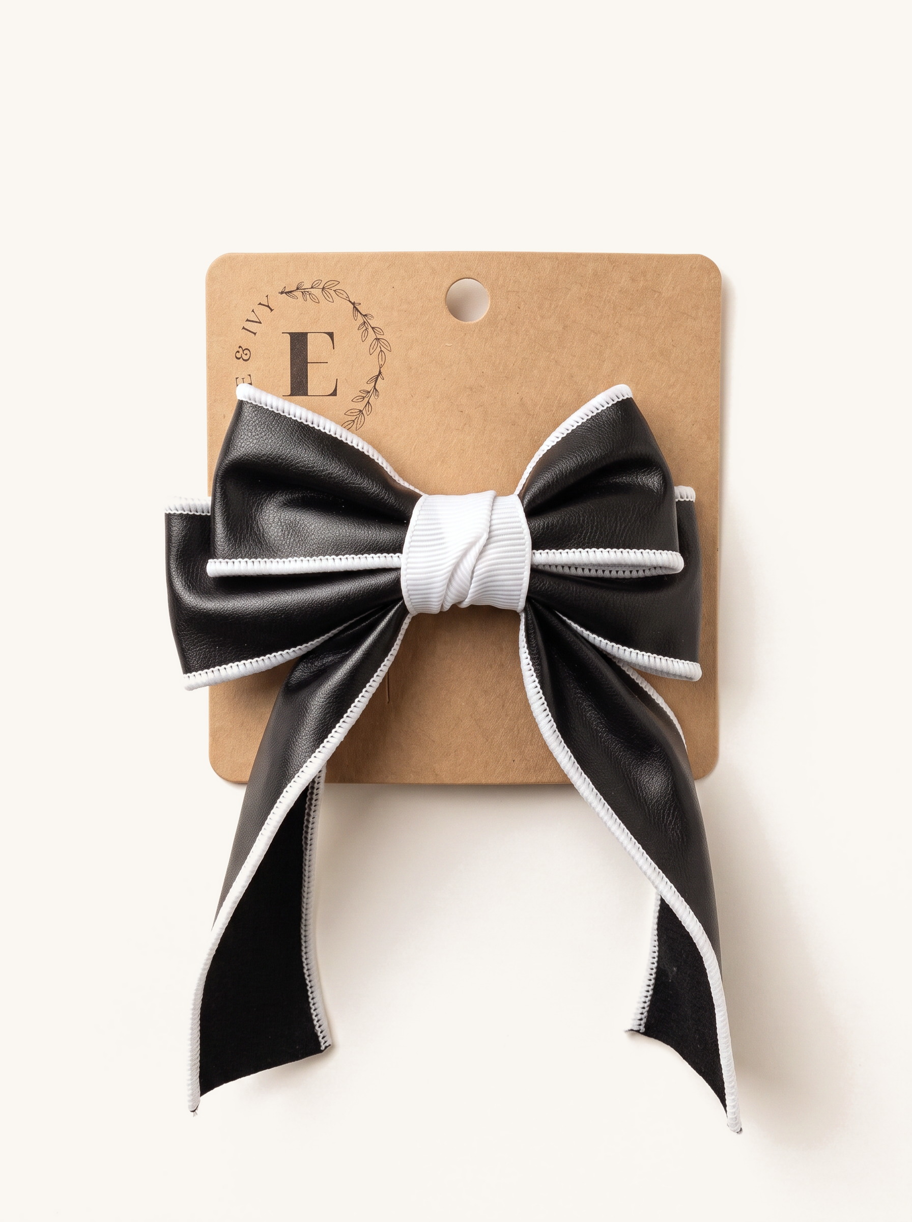 Noir Ivory-Trim Leather Sailor Bow — on the Elle & Ivy packaging card