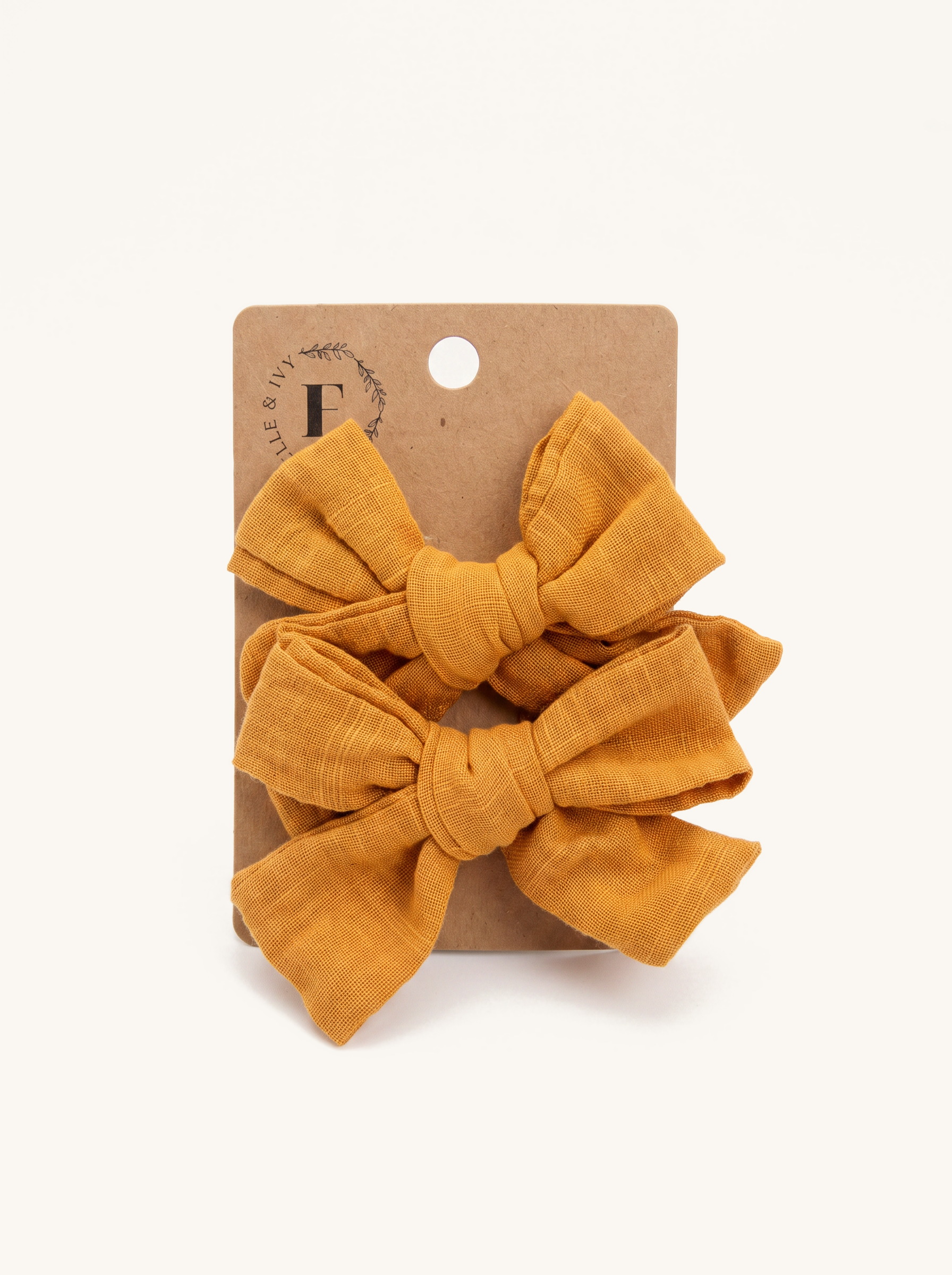 Golden Ochre Gauze Bow Set — on the Elle & Ivy packaging card