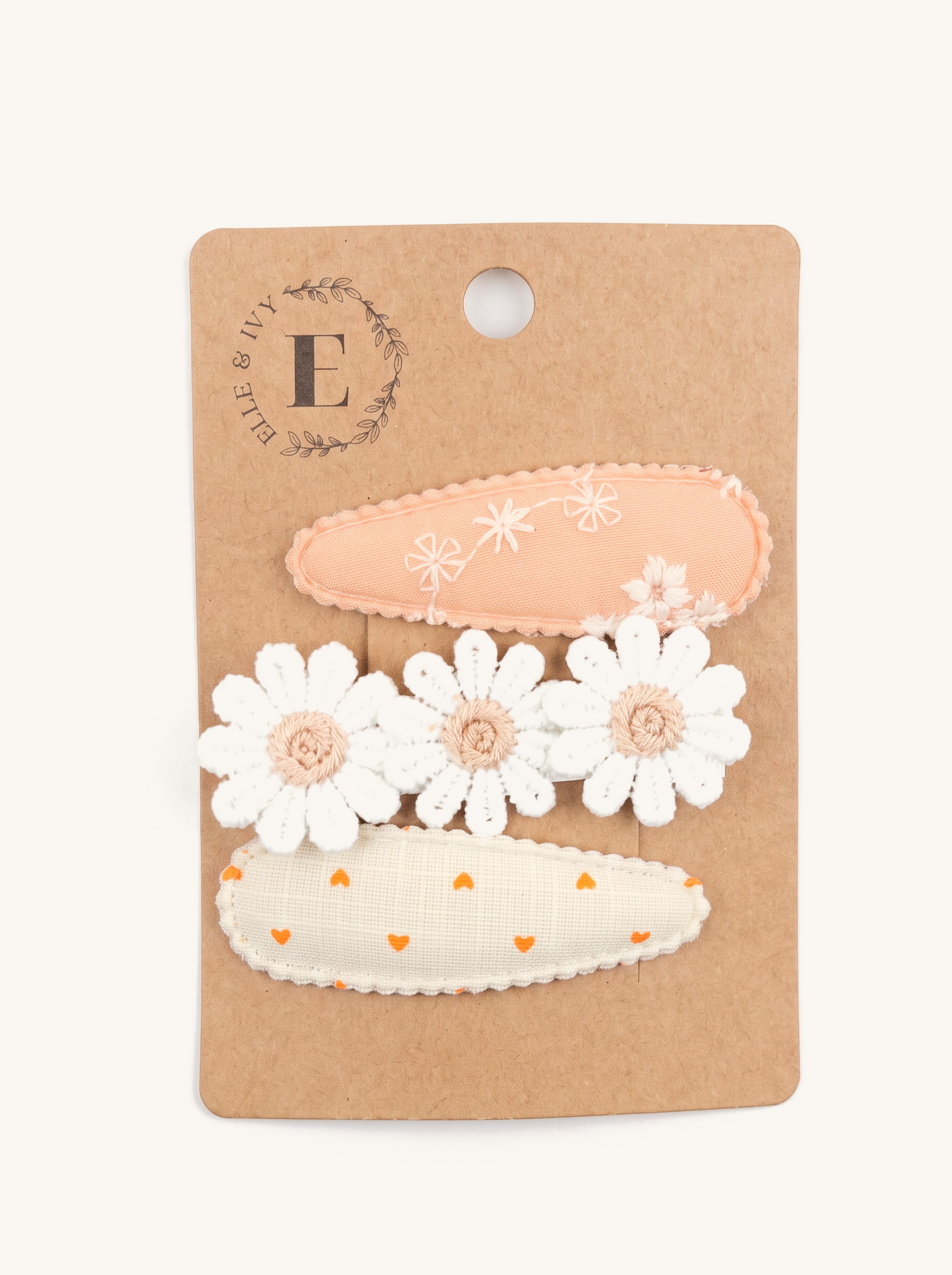 Peach Daisy & Heart Clip Set — on the Elle & Ivy packaging card