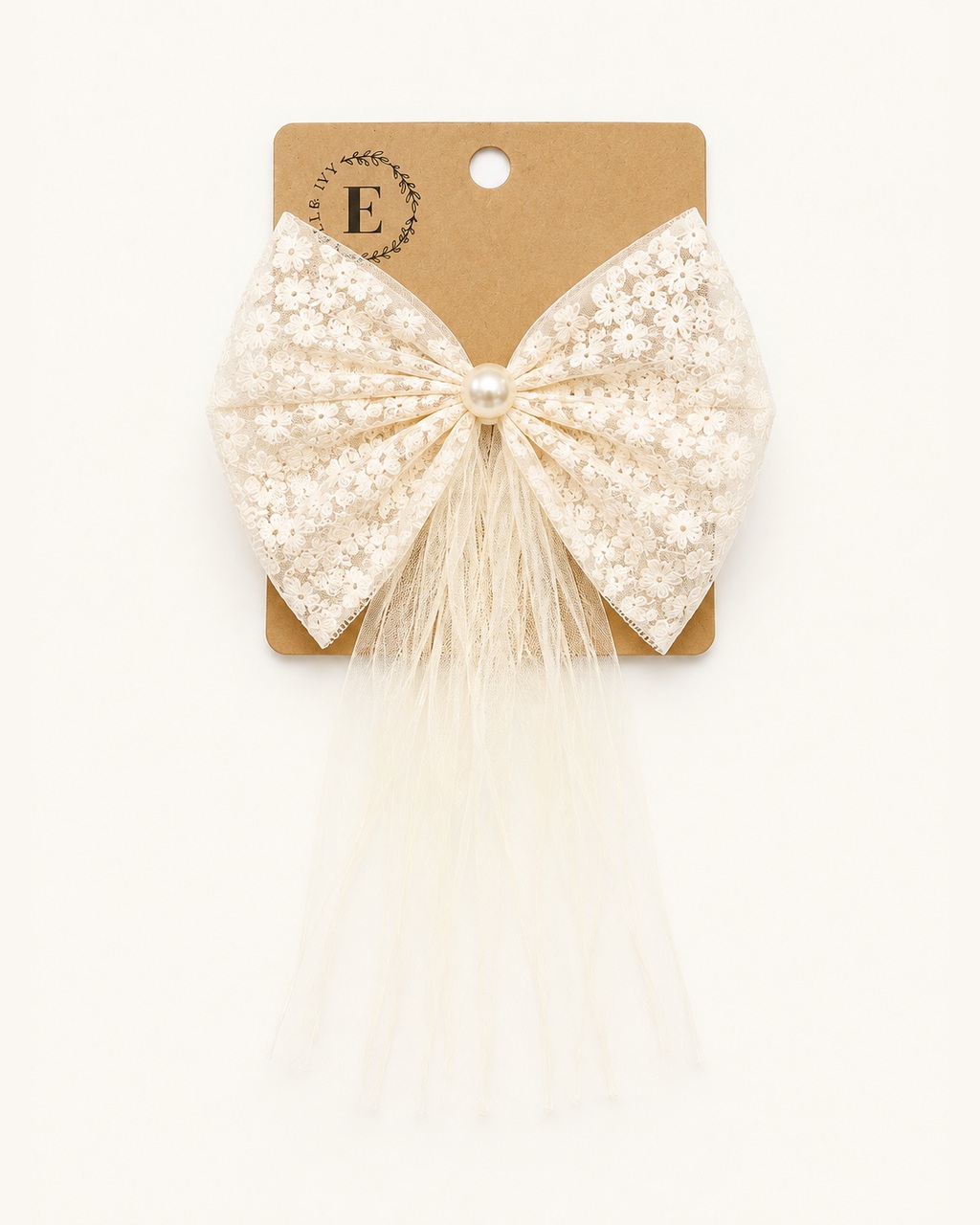 Pearl Lace Tulle Bow — on the Elle & Ivy packaging card