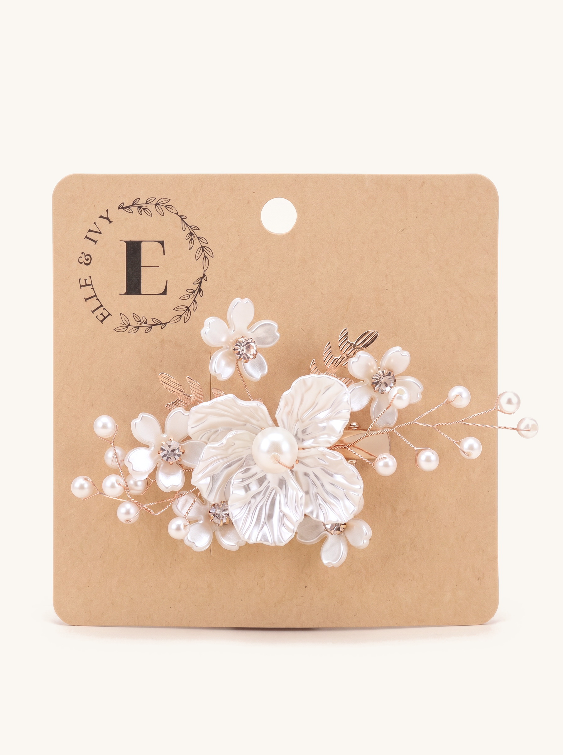 Pearl Orchid Blossom Clip — on the Elle & Ivy packaging card