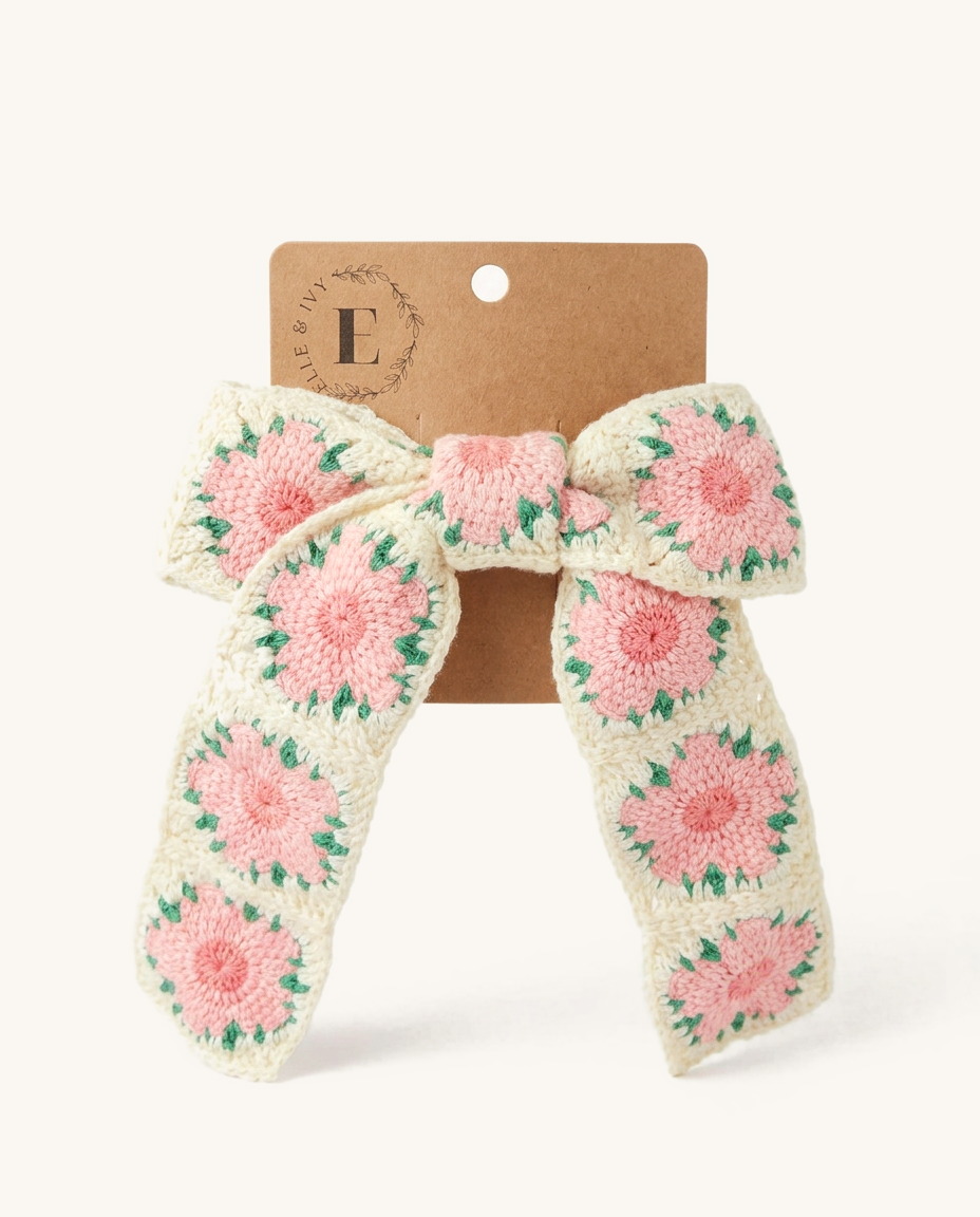 Pink Posy Crochet Sailor Bow — on the Elle & Ivy packaging card