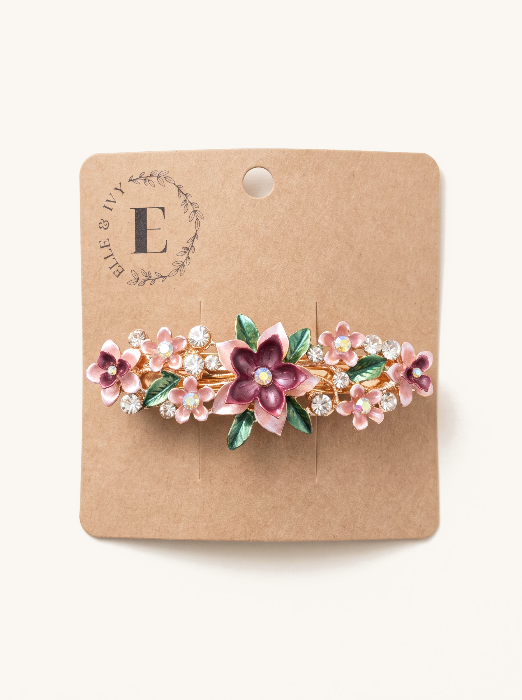 Plum Garden Enamel Barrette — on the Elle & Ivy packaging card