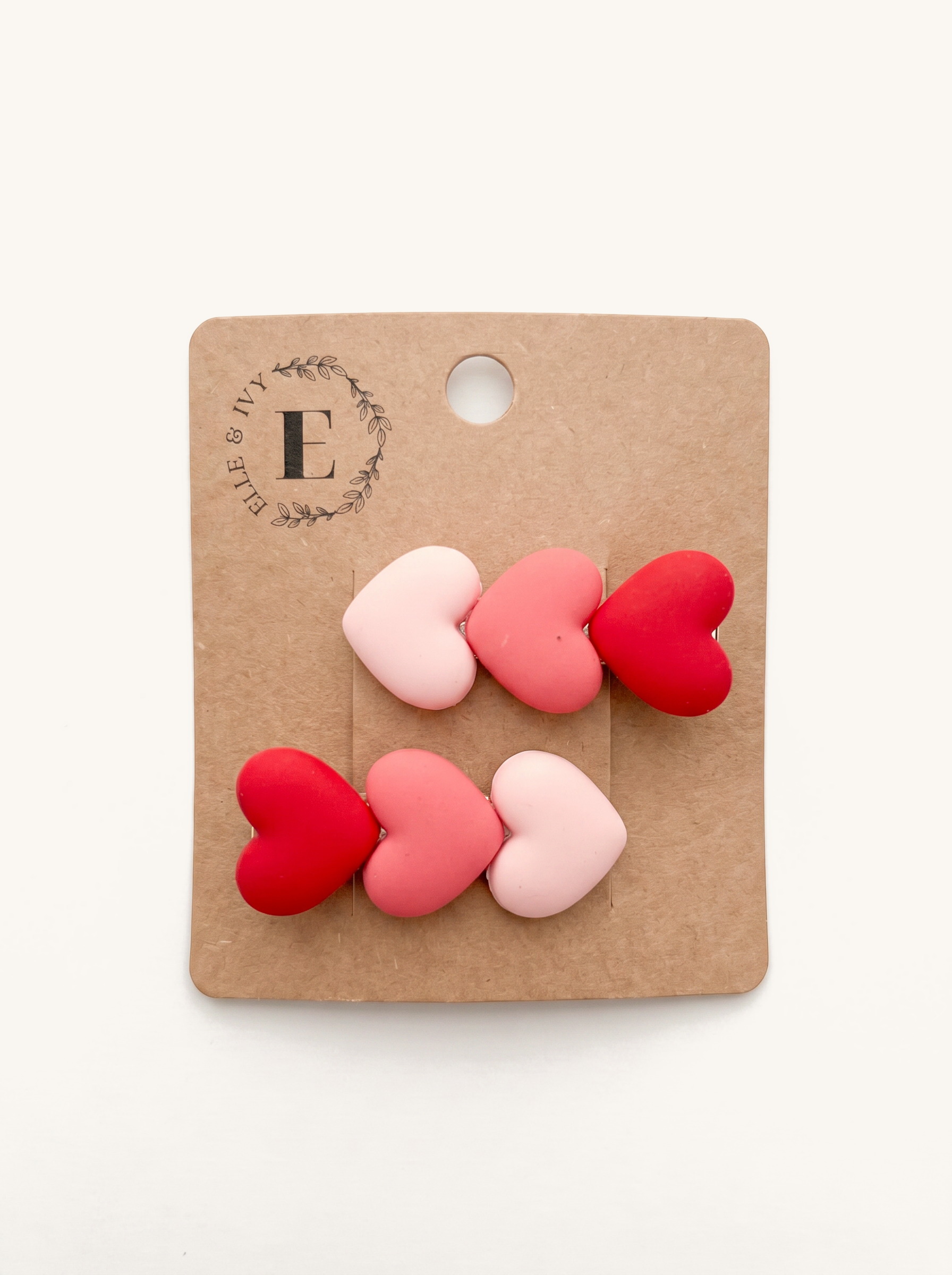 Rosy Heart Clay Clip Set — on the Elle & Ivy packaging card