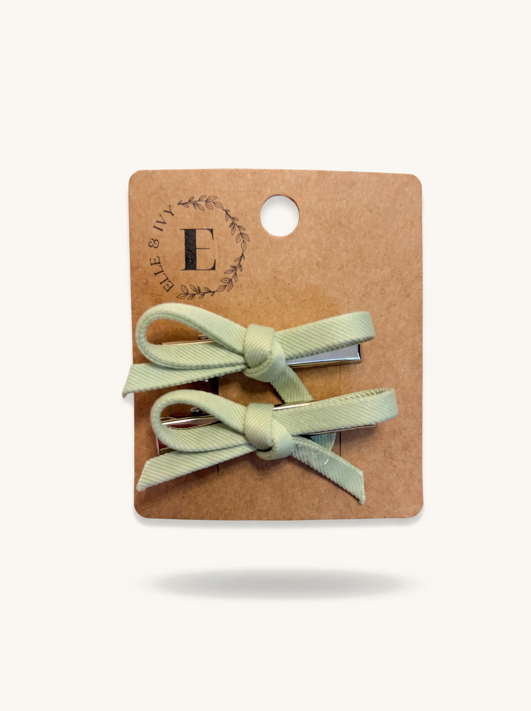 Sage Ribbon Bow Clip Set — on the Elle & Ivy packaging card