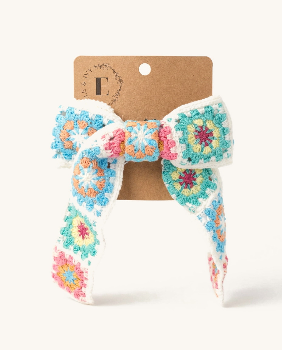 Seaside Granny Square Bow — on the Elle & Ivy packaging card