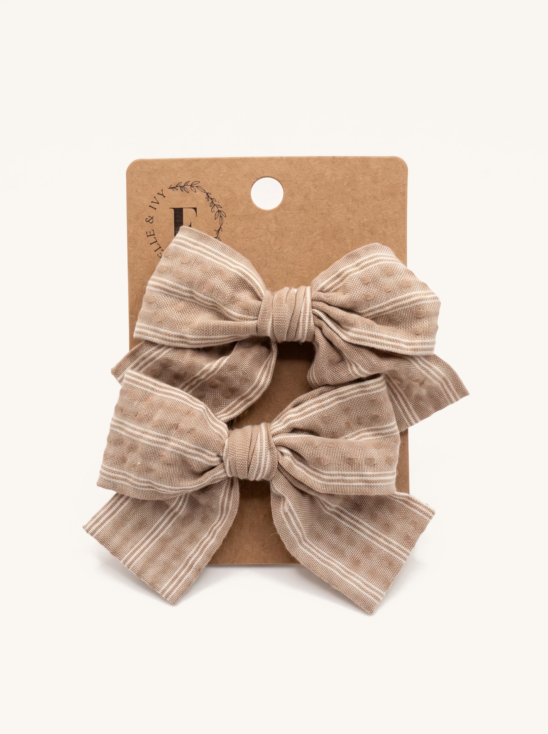 Taupe Ticking Stripe Bow Set — on the Elle & Ivy packaging card